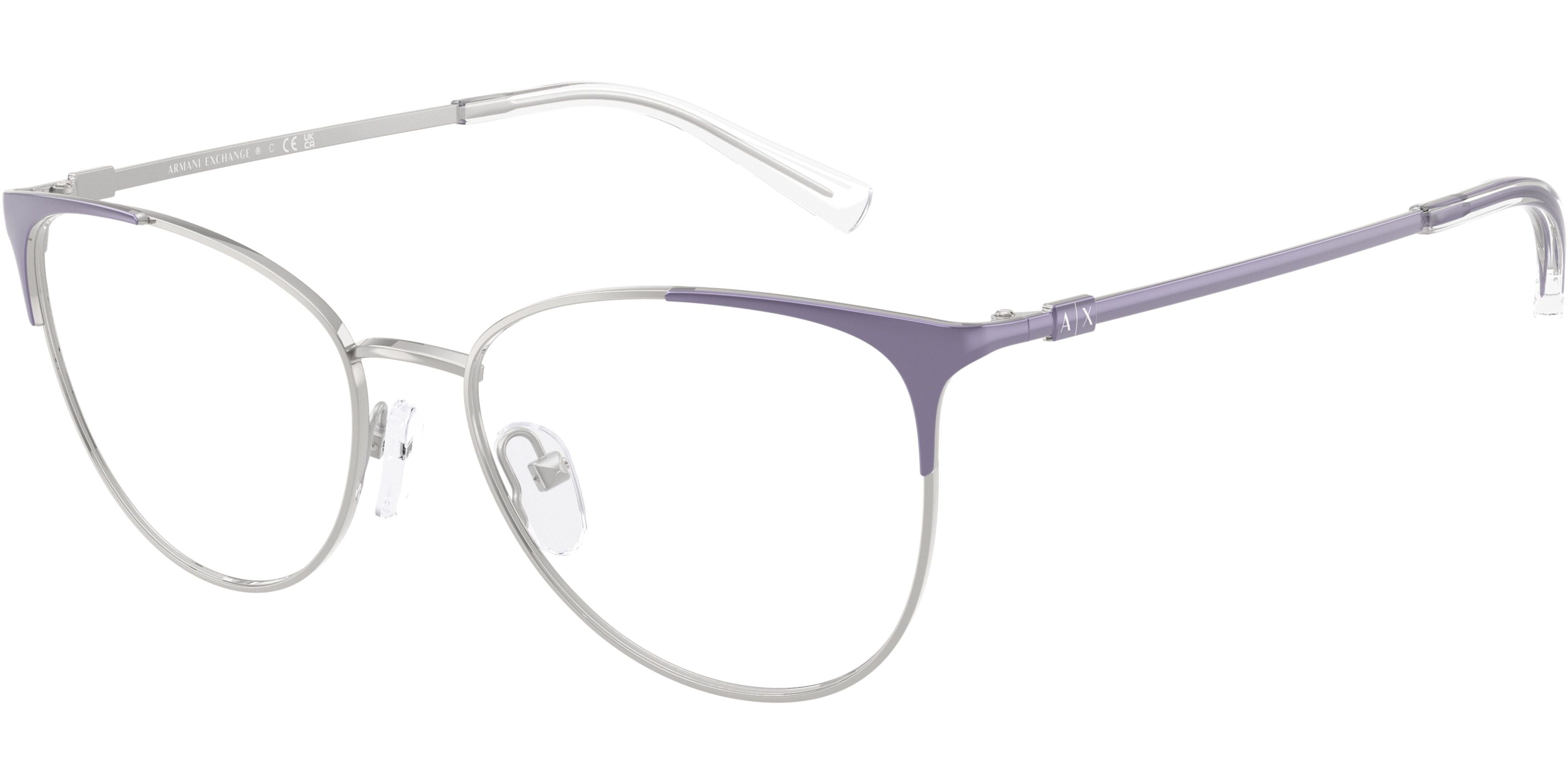 Dioptrické brýle Armani Exchange model 1034, barva obruby fialová stříbrná lesk, stranice fialová stříbrná lesk, kód barevné varianty 6128. 