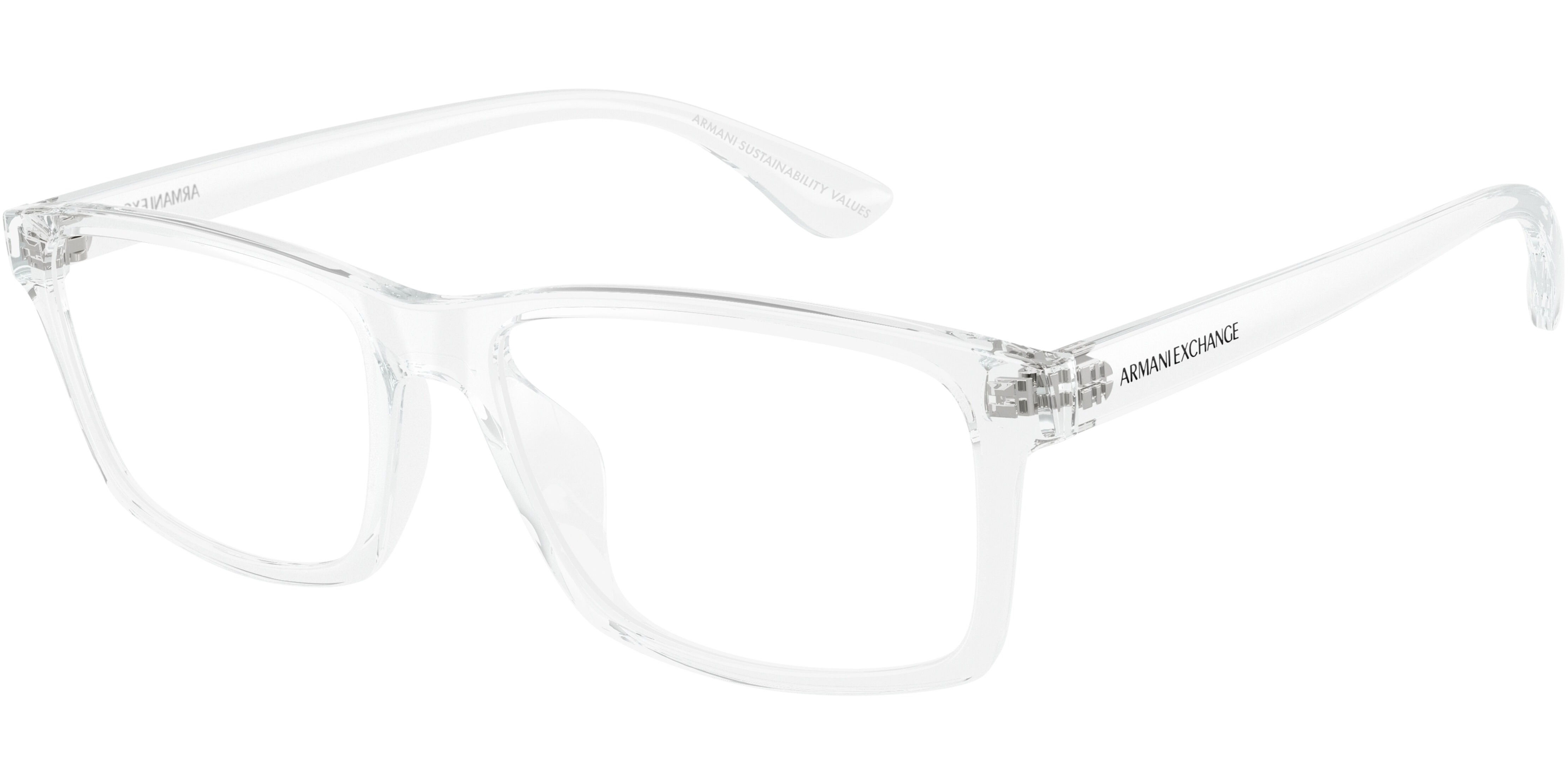 Dioptrické brýle Armani Exchange model 3083U, barva obruby čirá lesk, stranice čirá lesk, kód barevné varianty 8235. 