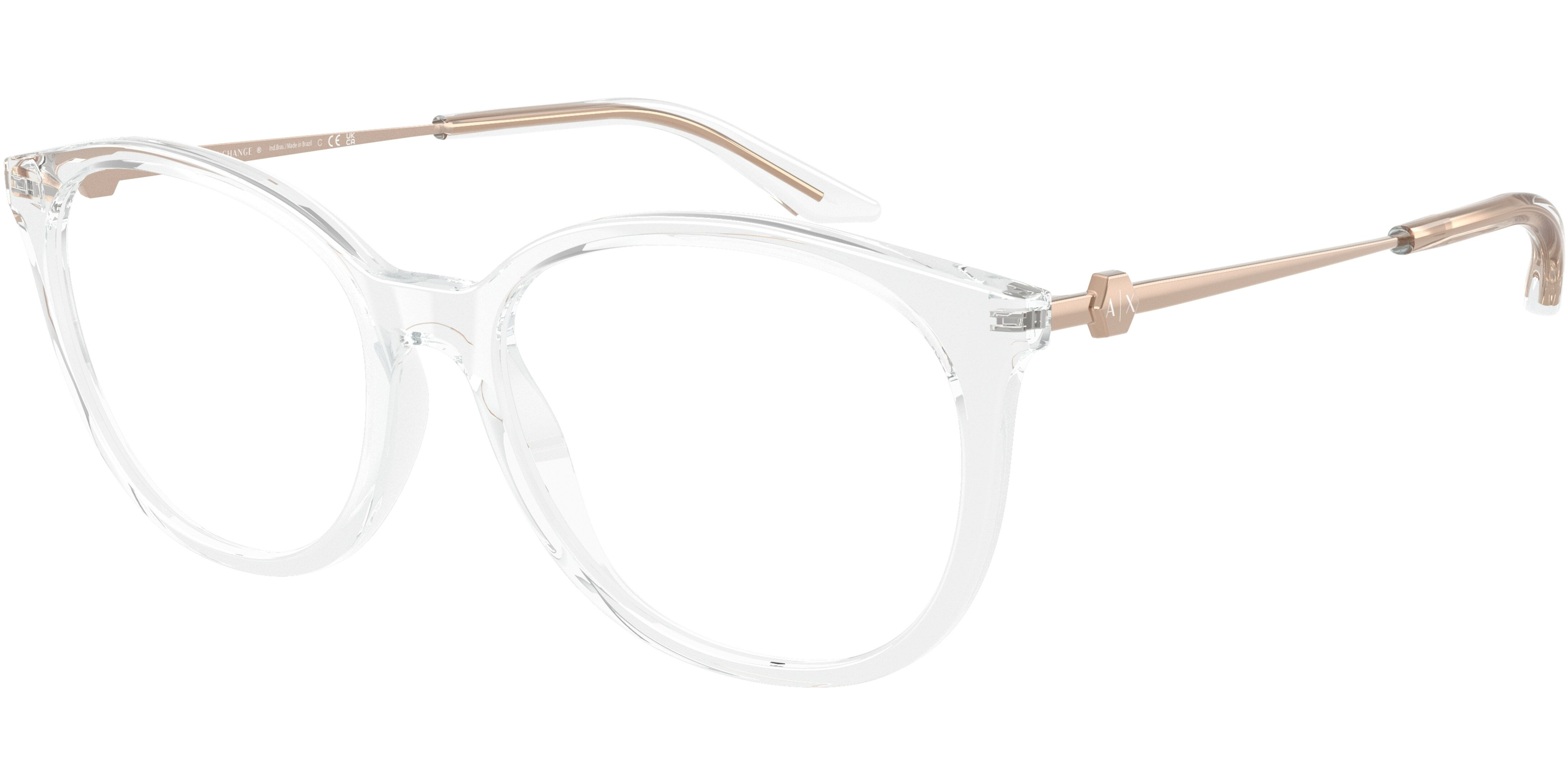 Dioptrické brýle Armani Exchange model 3109, barva obruby čirá lesk, stranice zlatá lesk, kód barevné varianty 8235. 