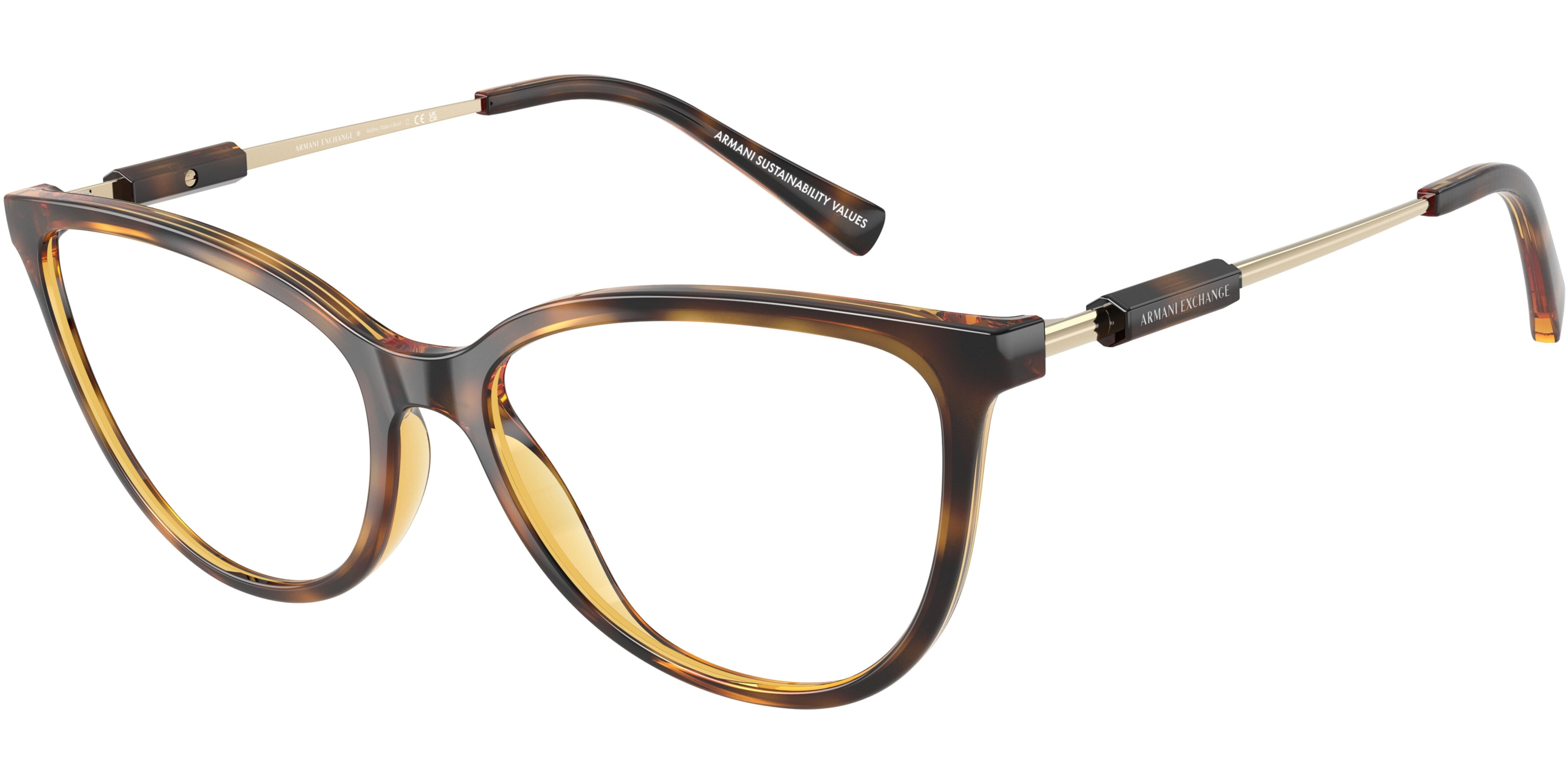 Dioptrické brýle Armani Exchange model 3128, barva obruby hnědá lesk, stranice zlatá lesk, kód barevné varianty 8213. 