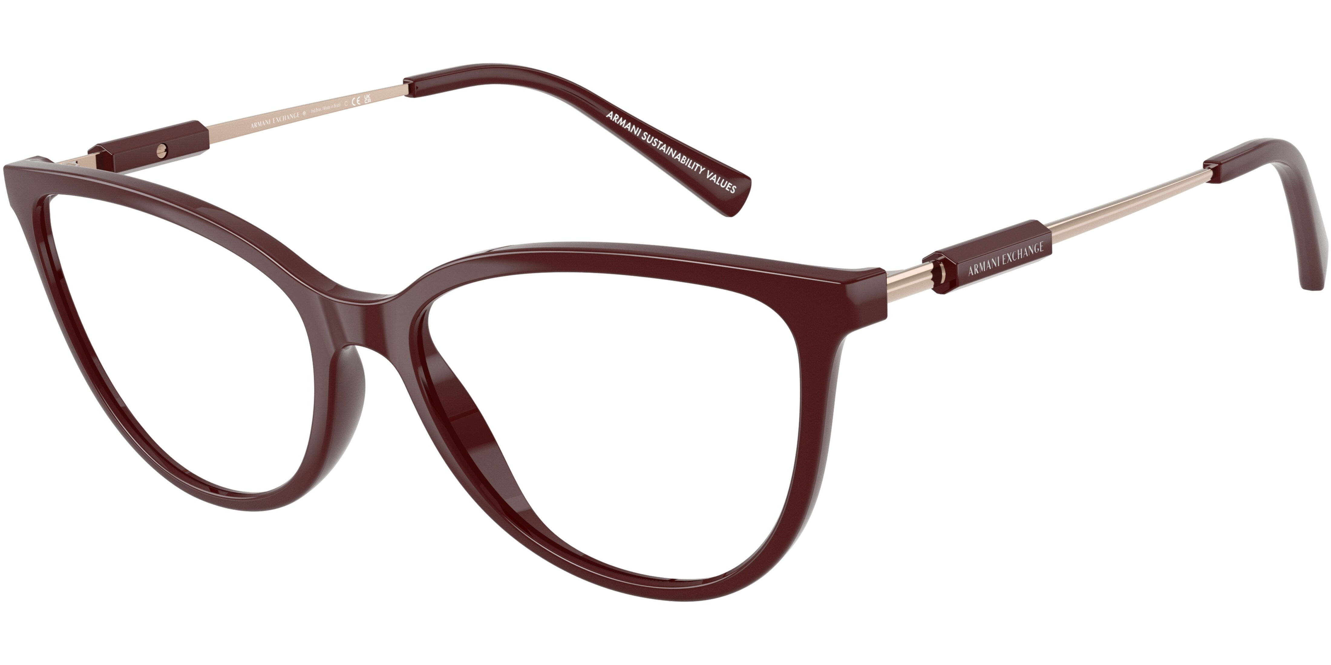 Dioptrické brýle Armani Exchange model 3128, barva obruby vínová lesk, stranice zlatá lesk, kód barevné varianty 8383. 