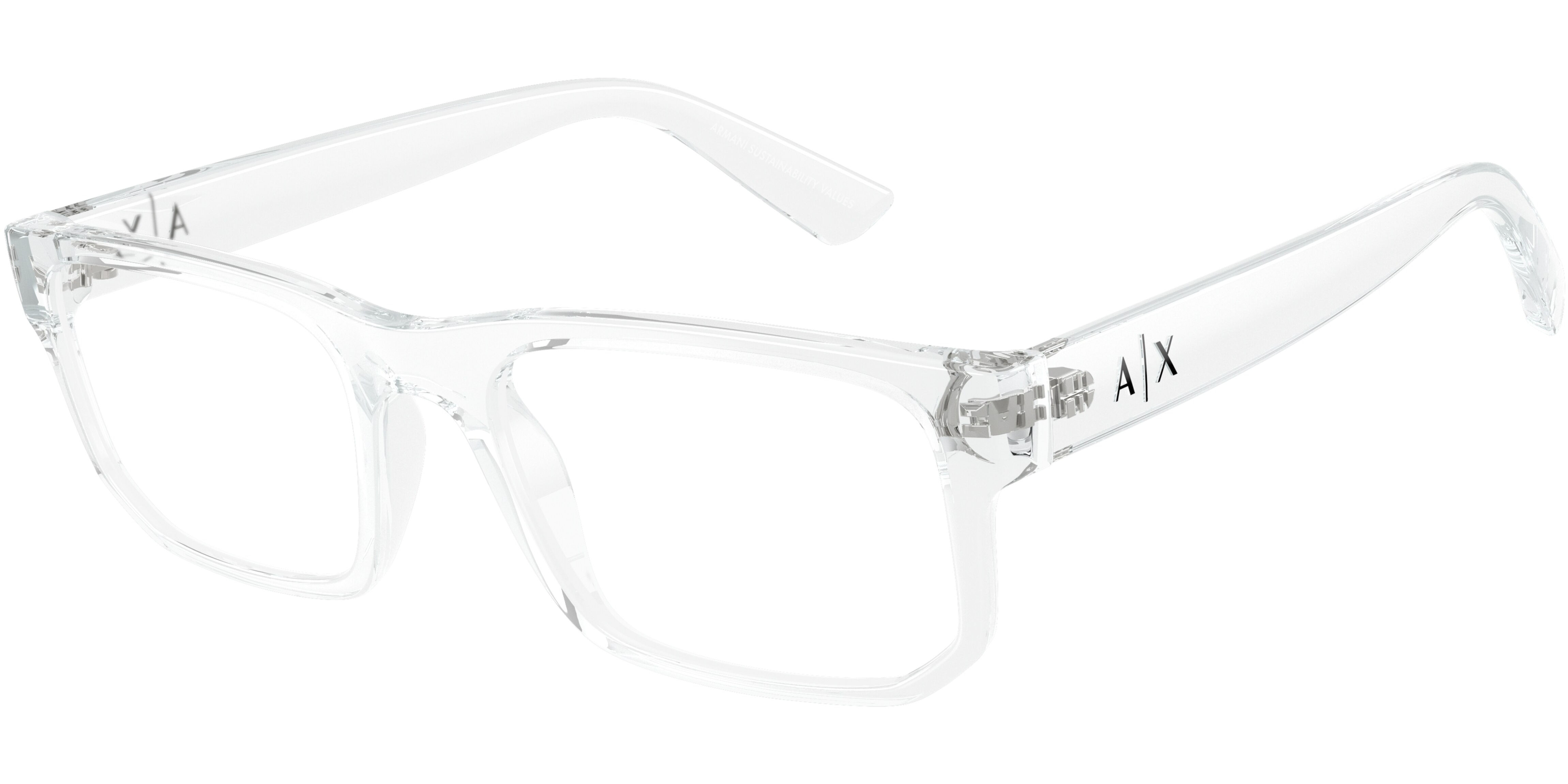 Dioptrické brýle Armani Exchange model 3135, barva obruby čirá lesk, stranice čirá lesk, kód barevné varianty 8235. 