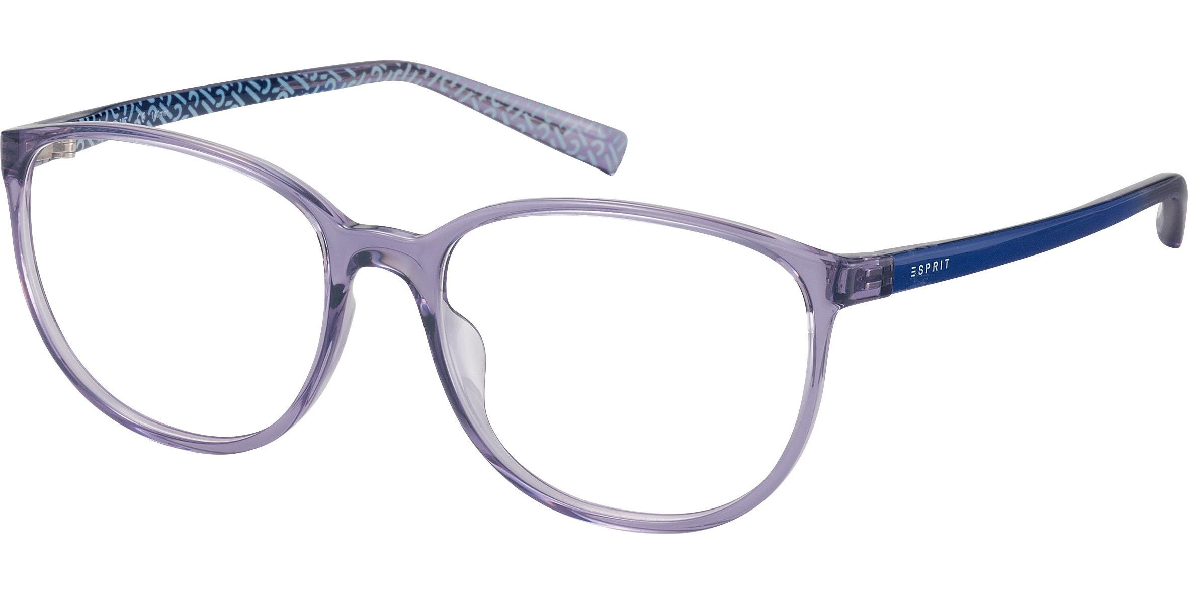 Dioptrické brýle Esprit model 33409, barva obruby fialová čirá lesk, stranice modrá lesk, kód barevné varianty 577. 
