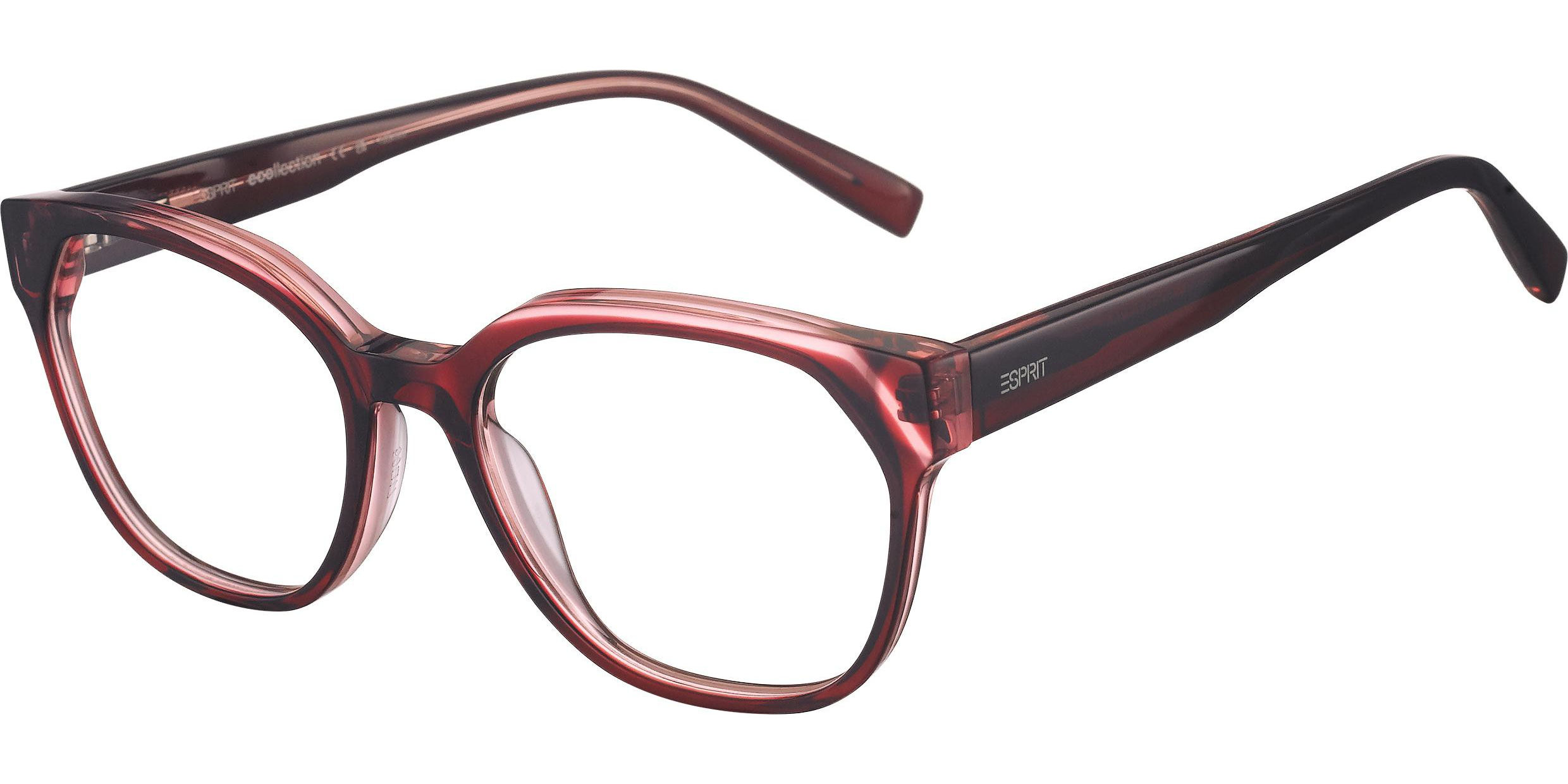 Dioptrické brýle Esprit model 33536, barva obruby vínová čirá lesk, stranice vínová čirá lesk, kód barevné varianty 513. 