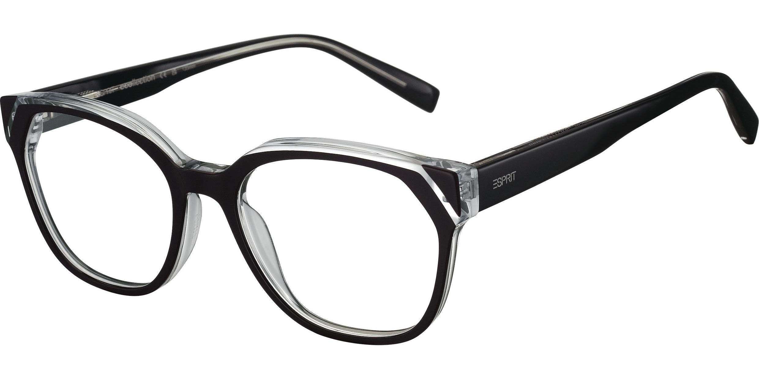 Dioptrické brýle Esprit model 33536, barva obruby černá čirá lesk, stranice černá čirá lesk, kód barevné varianty 538. 