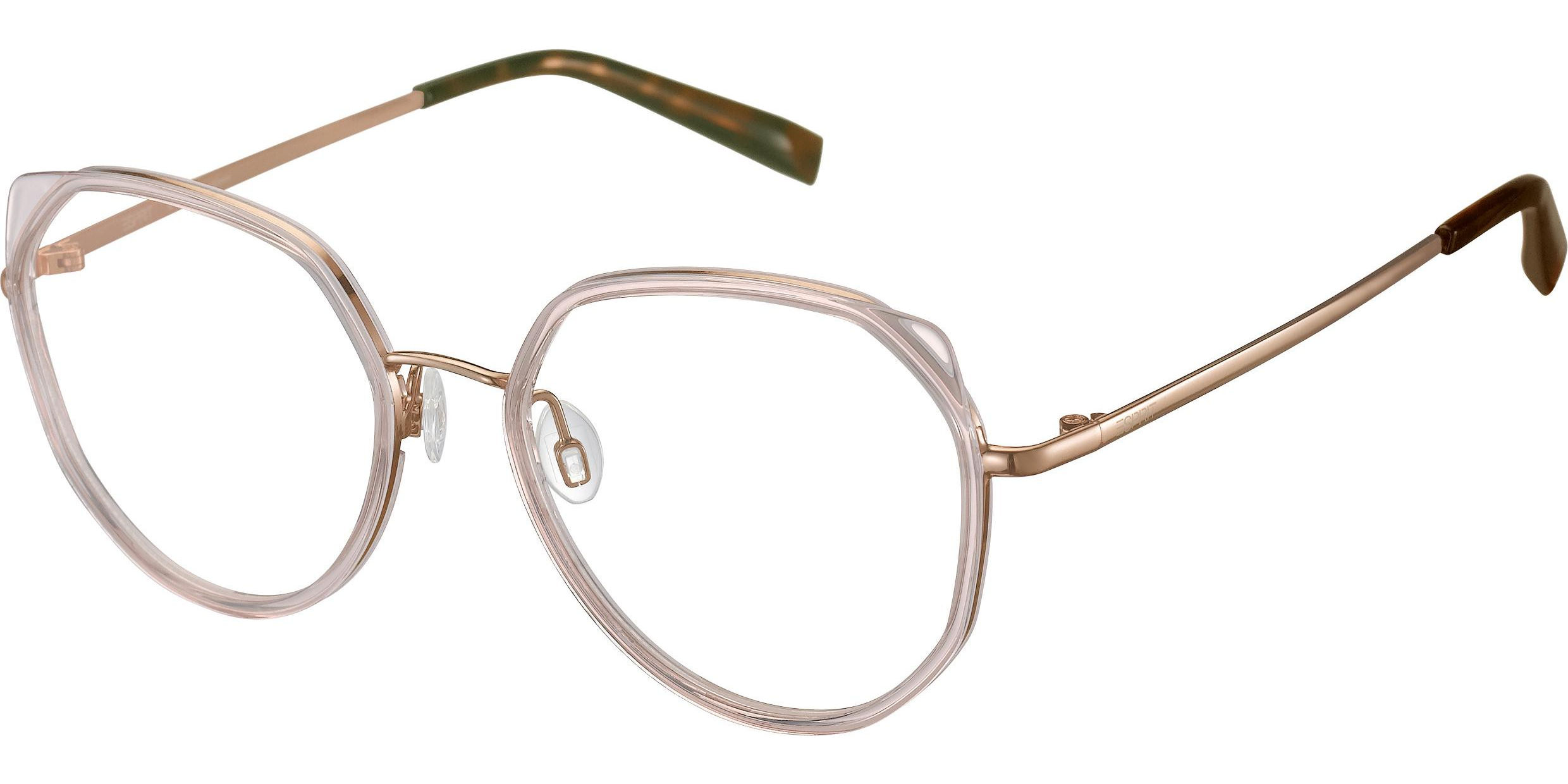 Dioptrické brýle Esprit model 33542, barva obruby růžová čirá lesk, stranice bronzová lesk, kód barevné varianty 515. 