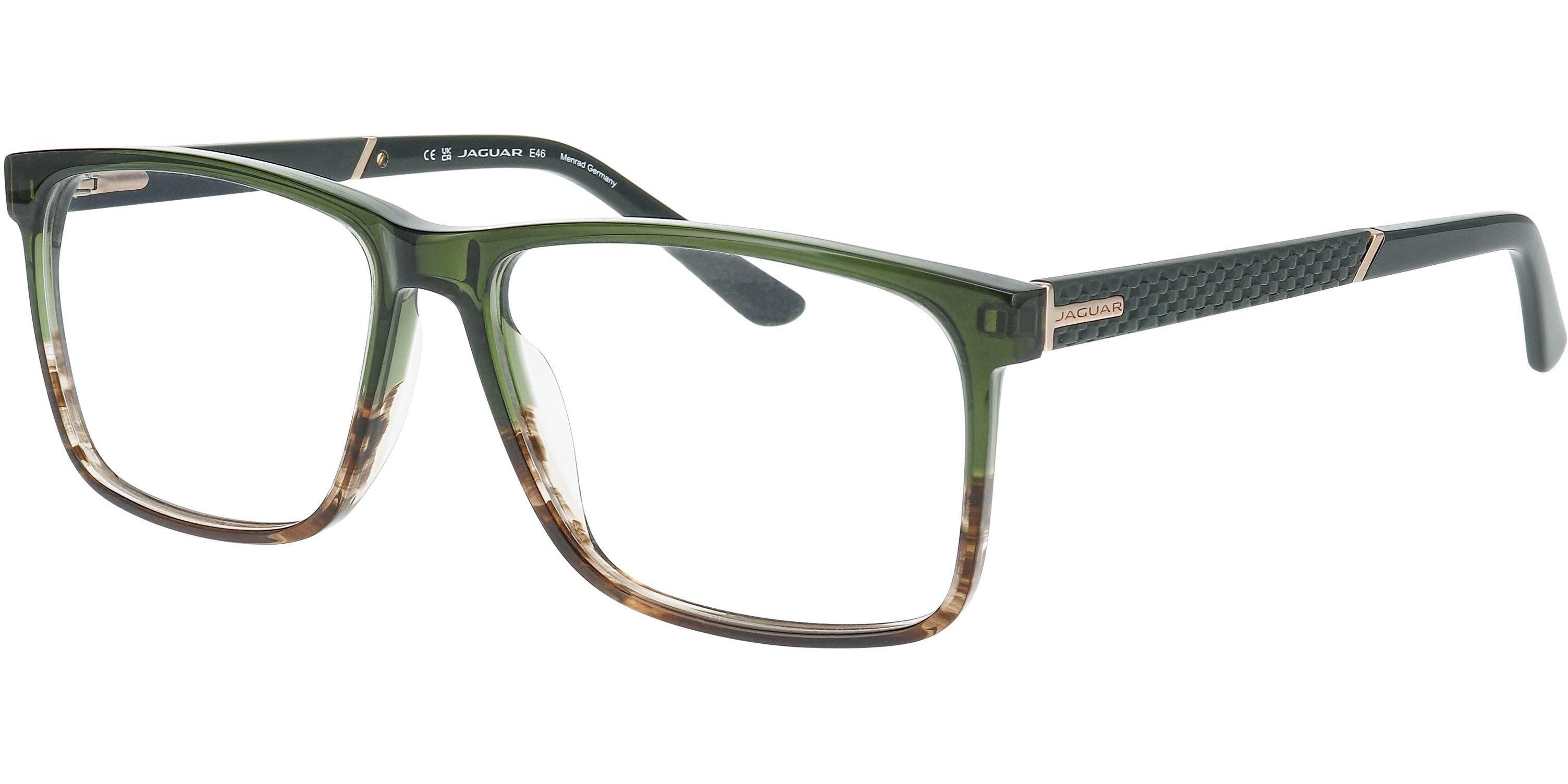 Dioptrické brýle Jaguar model 31034, barva obruby zelená hnědá lesk, stranice černá mat, kód barevné varianty 5155. 