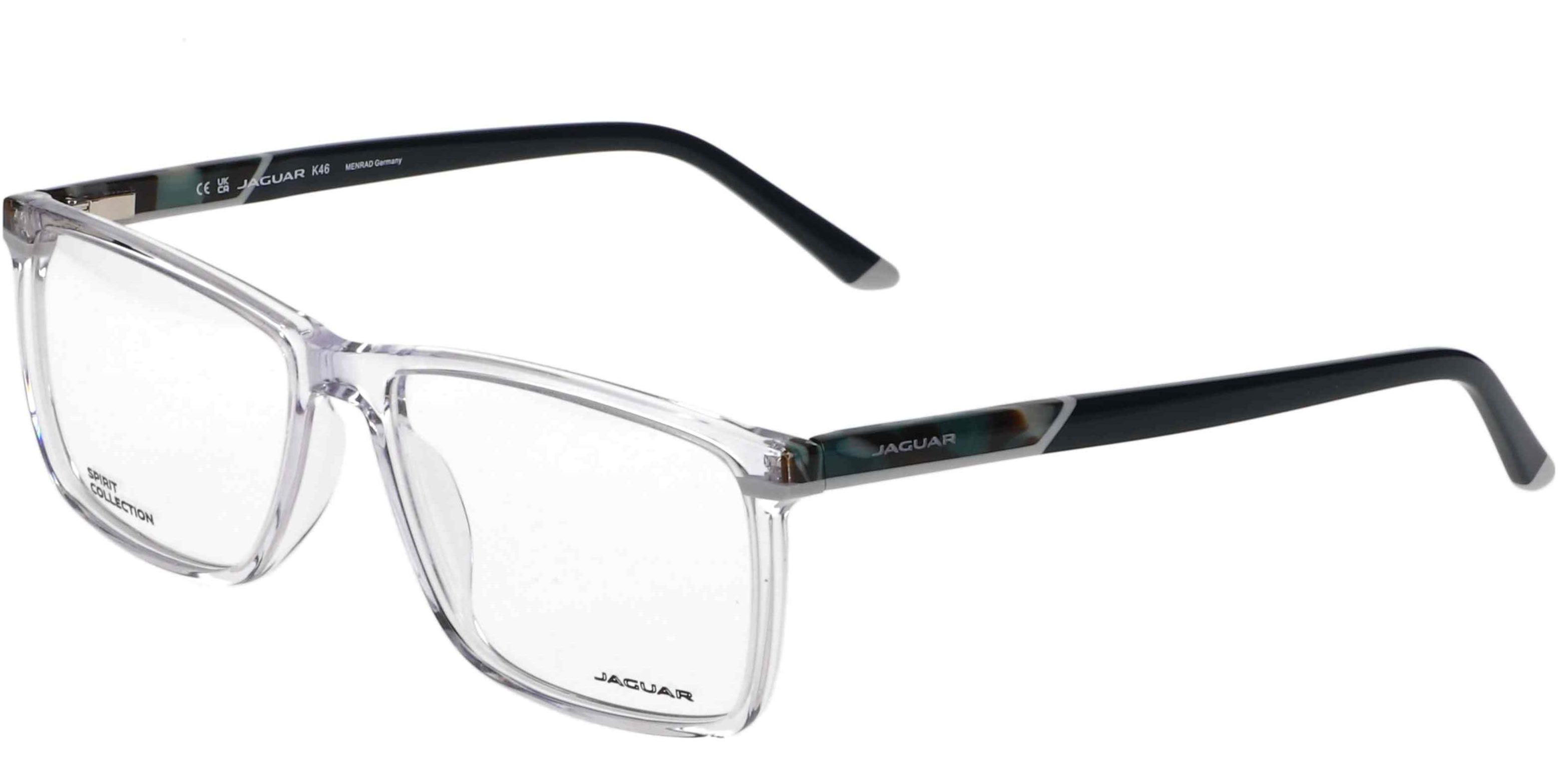 Dioptrické brýle Jaguar model 31527, barva obruby čirá lesk, stranice černá tyrkysová lesk, kód barevné varianty 8100. 
