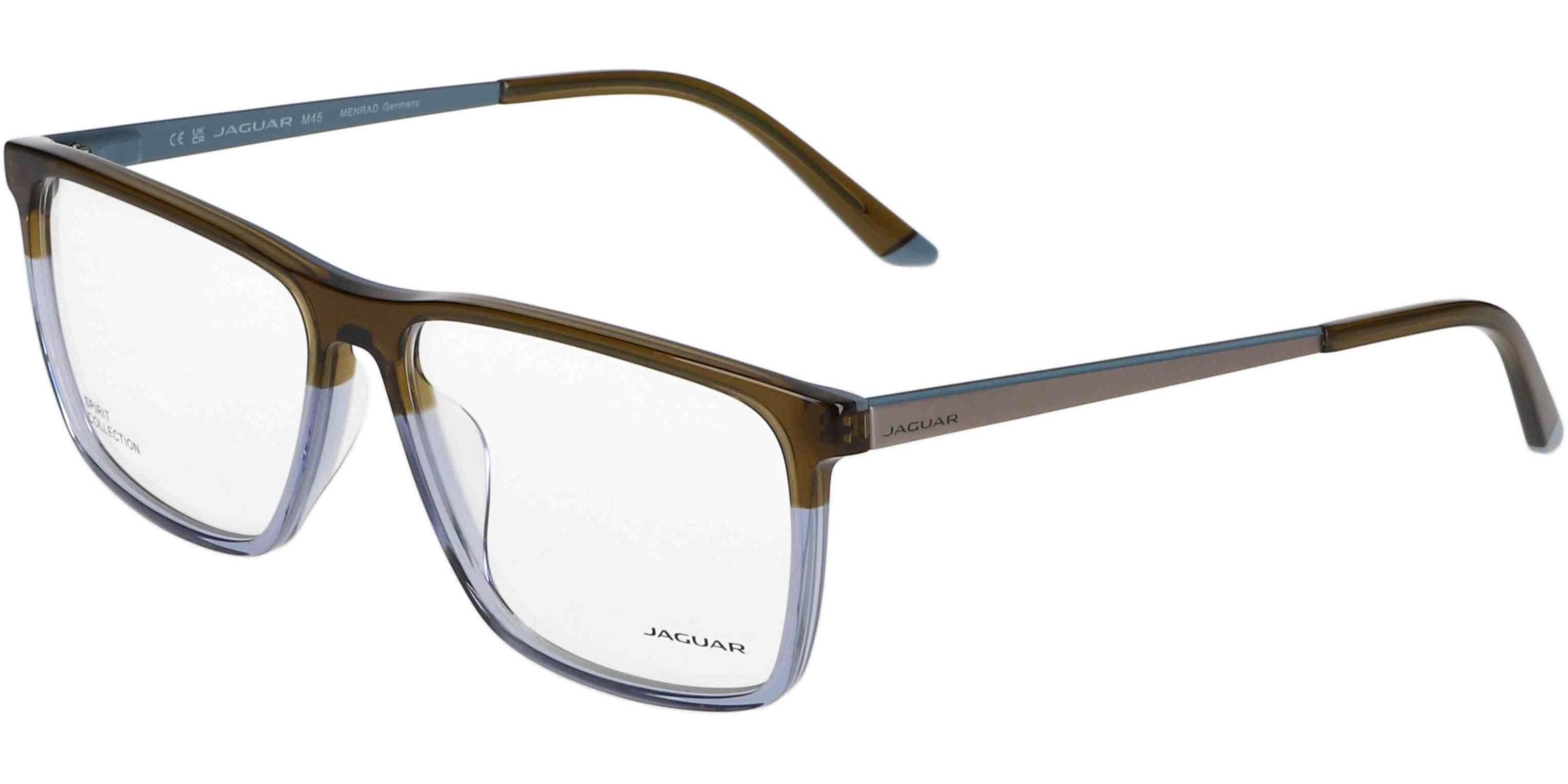 Dioptrické brýle Jaguar model 32504, barva obruby hnědá čirá lesk, stranice šedá modrá mat, kód barevné varianty 5309. 