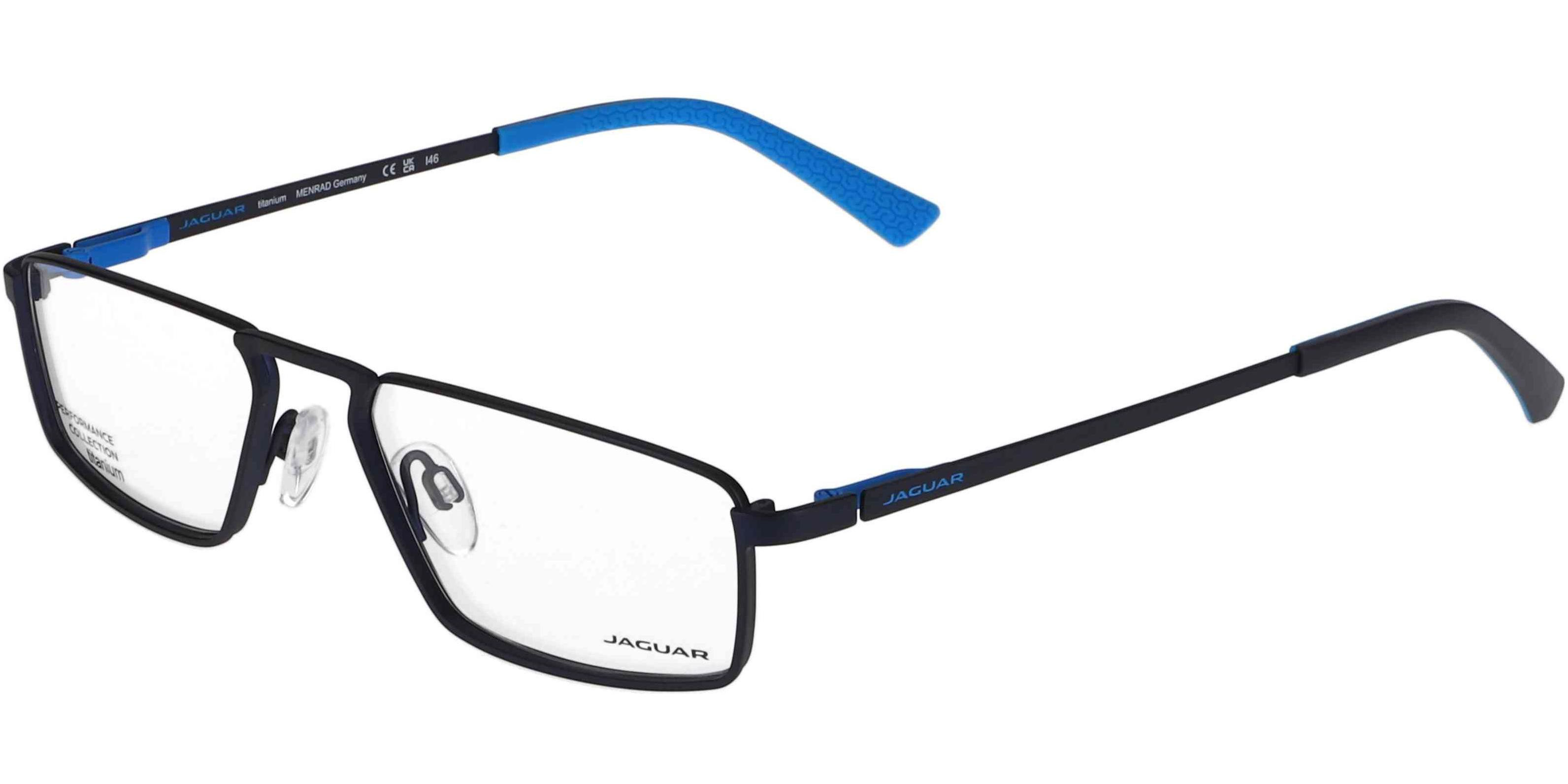 Dioptrické brýle Jaguar model 35609, barva obruby černá mat, stranice černá modrá mat, kód barevné varianty 3100. 
