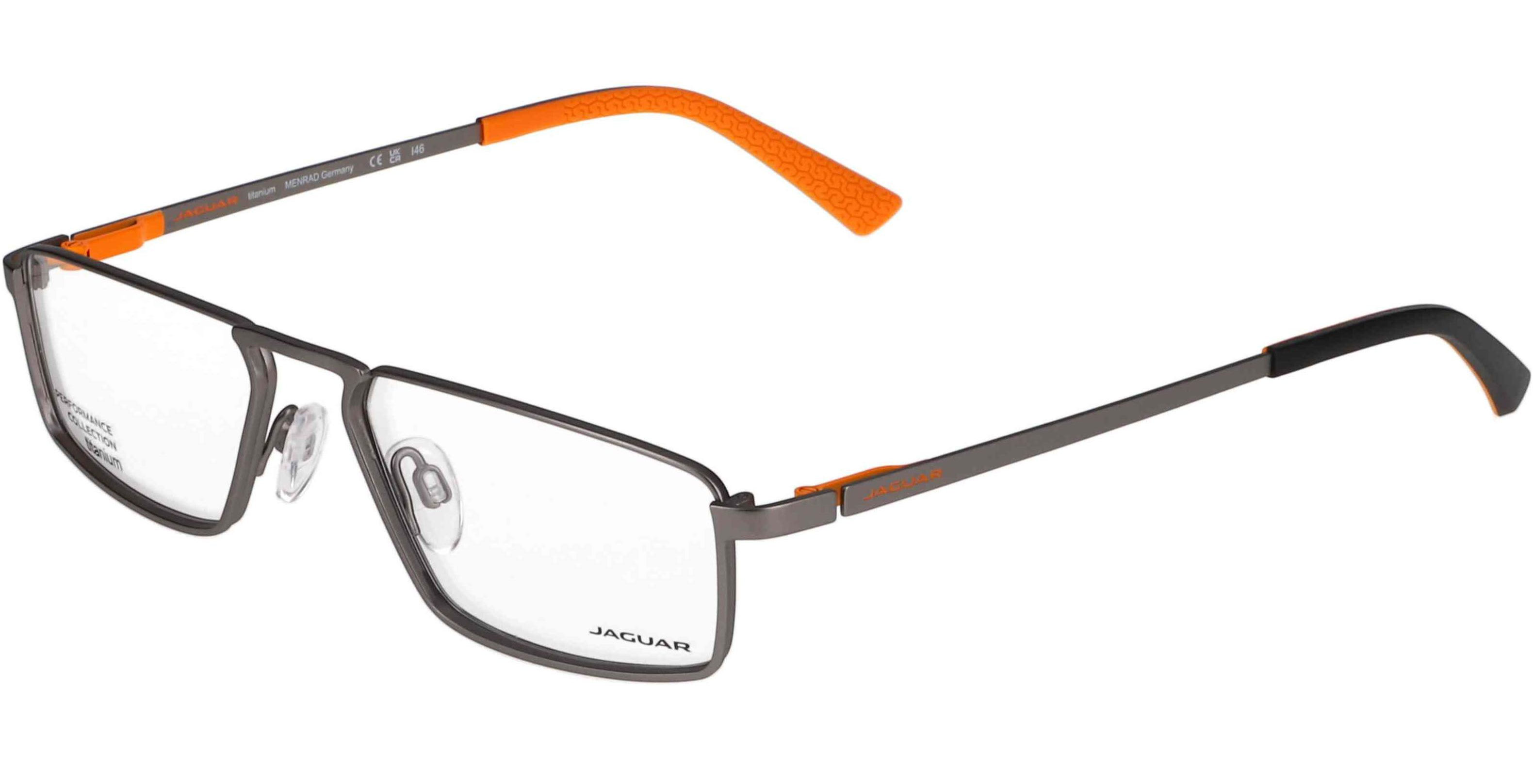 Dioptrické brýle Jaguar model 35609, barva obruby stříbrná mat, stranice stříbrná oranžová mat, kód barevné varianty 6500. 