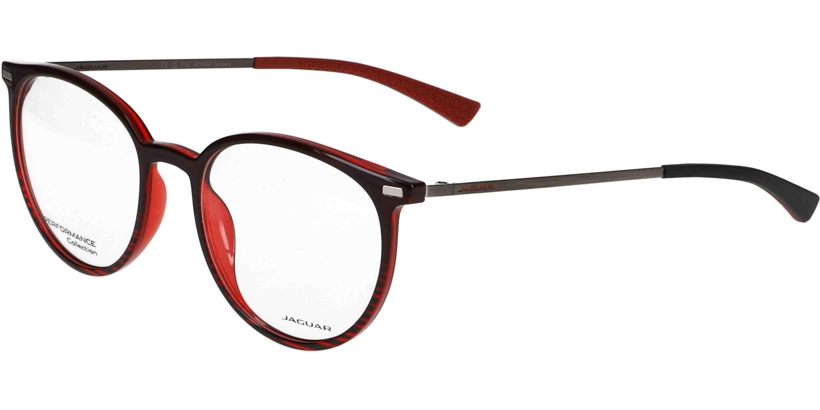 Dioptrické brýle Jaguar model 36834, barva obruby černá červená lesk, stranice šedá červená mat, kód barevné varianty 2100. 