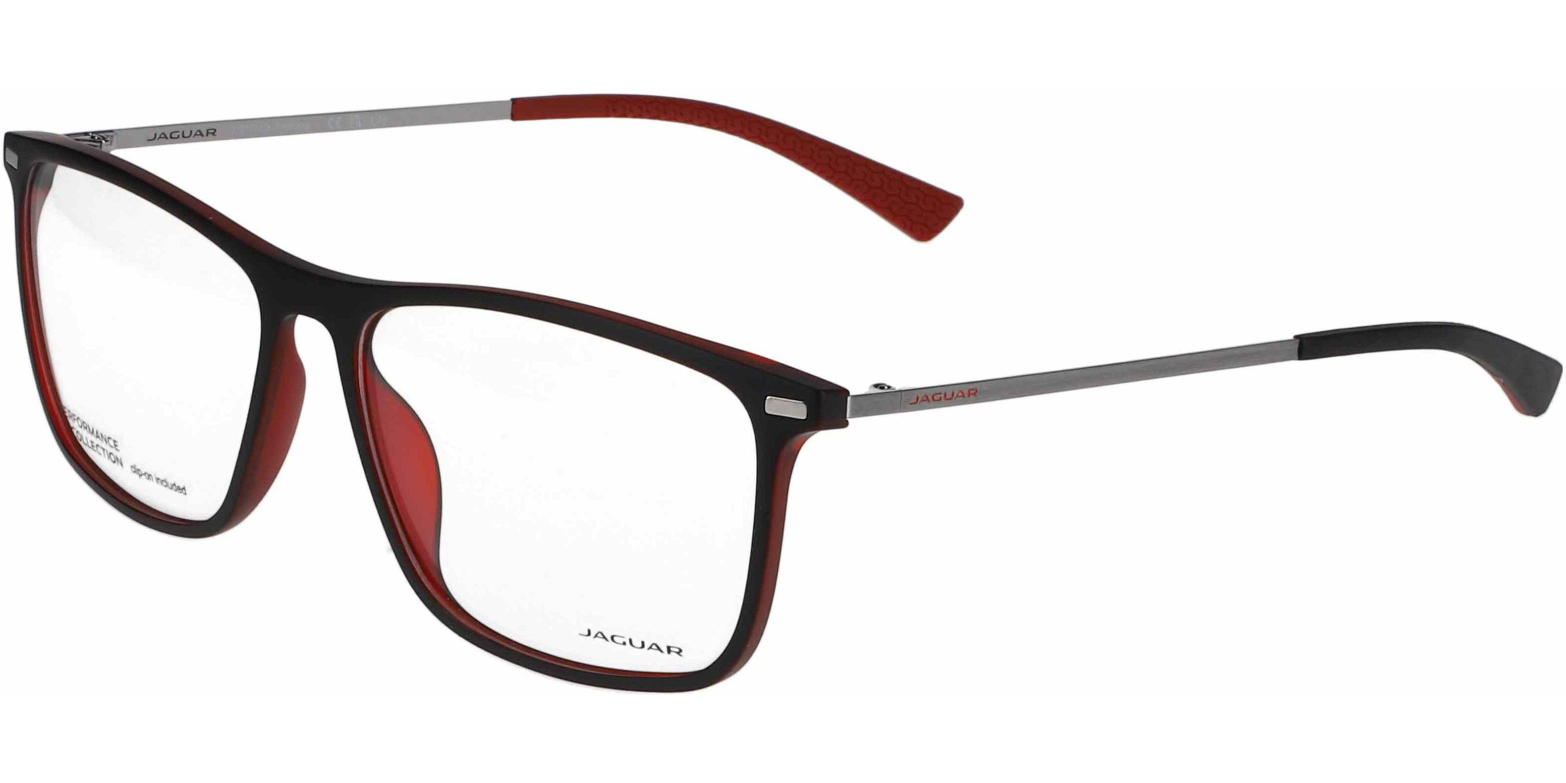 Dioptrické brýle Jaguar model 36834, barva obruby černá červená mat, stranice šedá červená mat, kód barevné varianty 2100. 