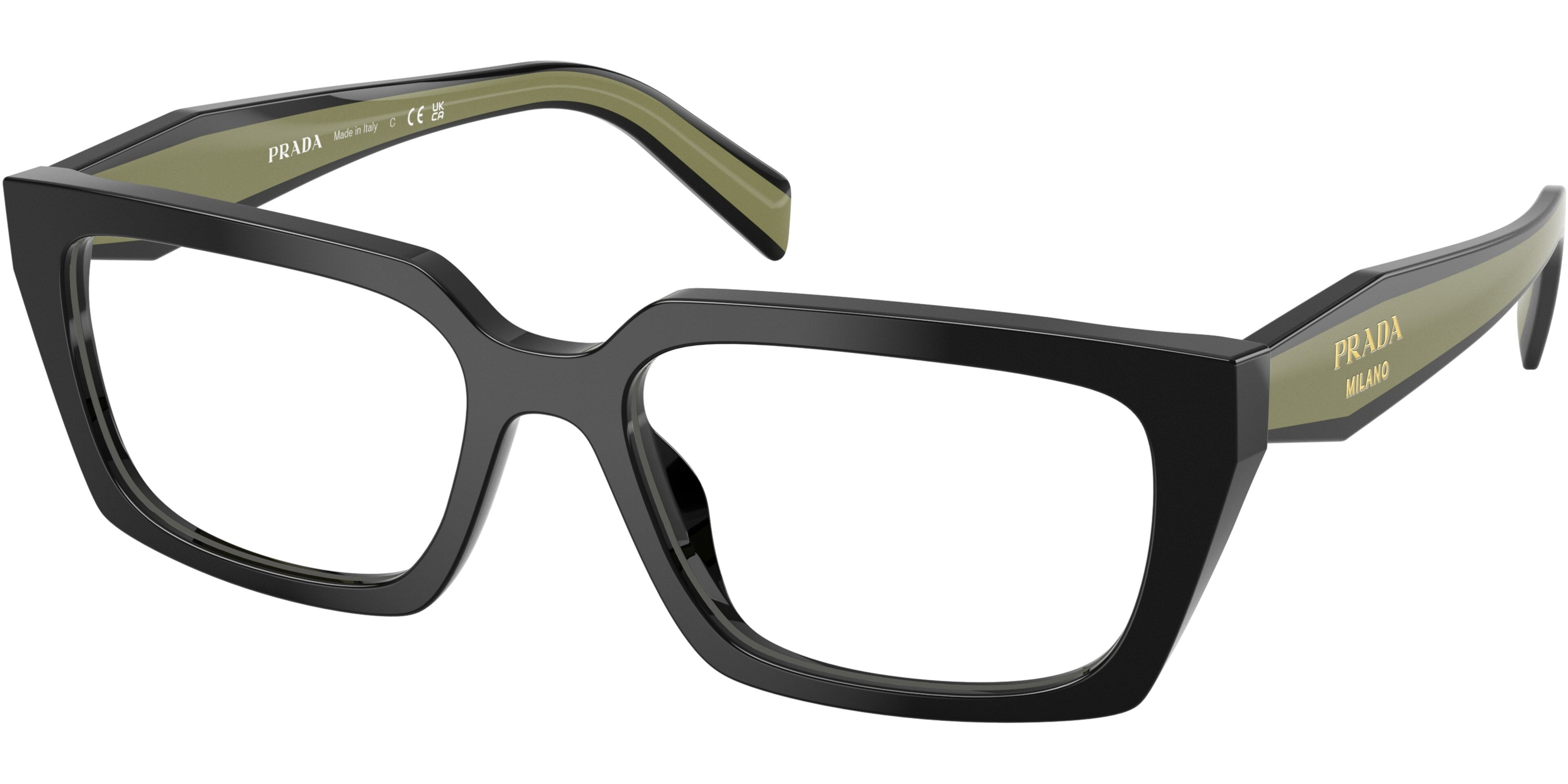 Dioptrické brýle Prada model B04V, barva obruby černá lesk, stranice černá zelená lesk, kód barevné varianty 03K1O1. 