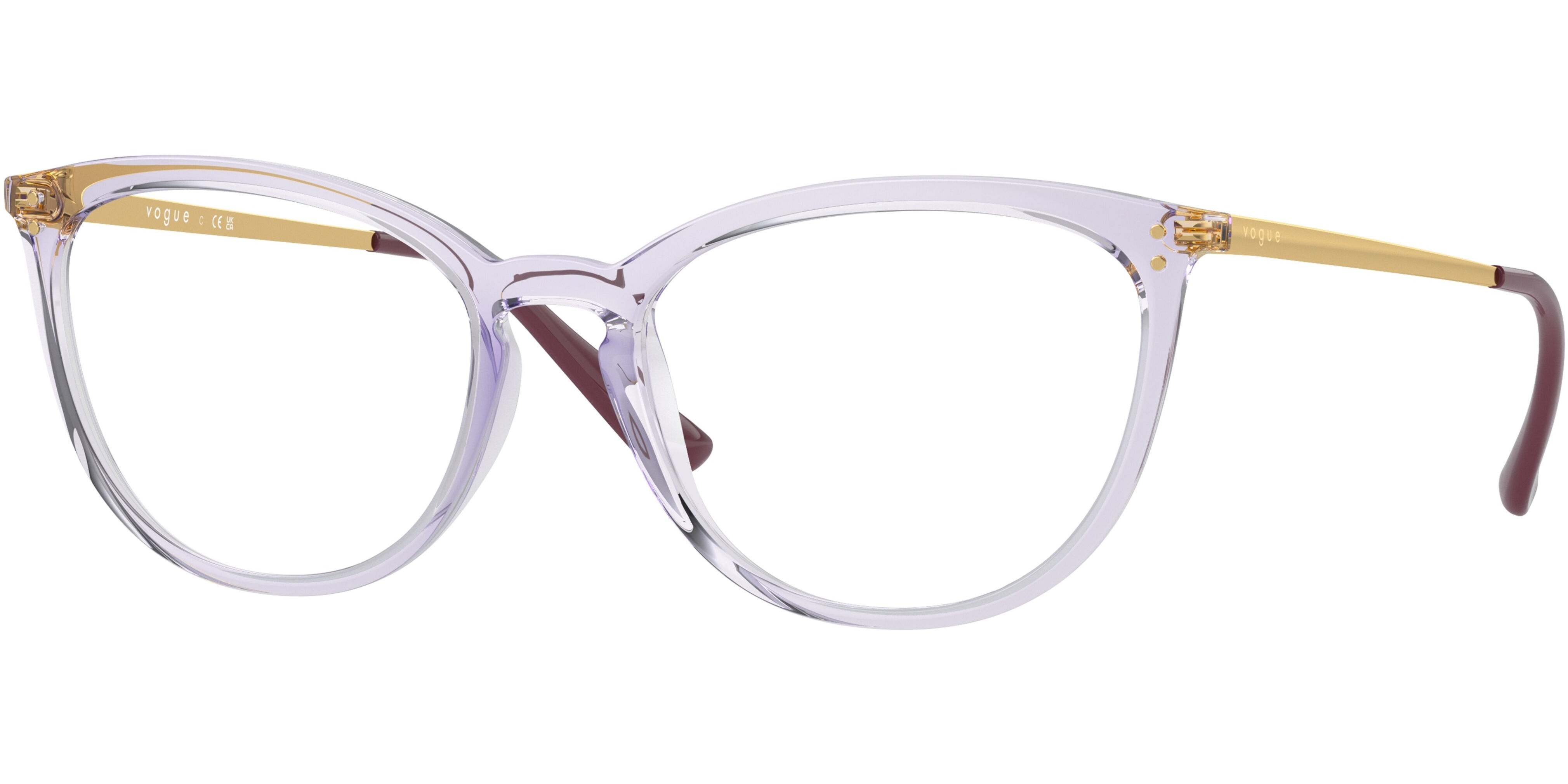 Dioptrické brýle Vogue model 5276, barva obruby fialová čirá lesk, stranice zlatá lesk, kód barevné varianty 2745. 