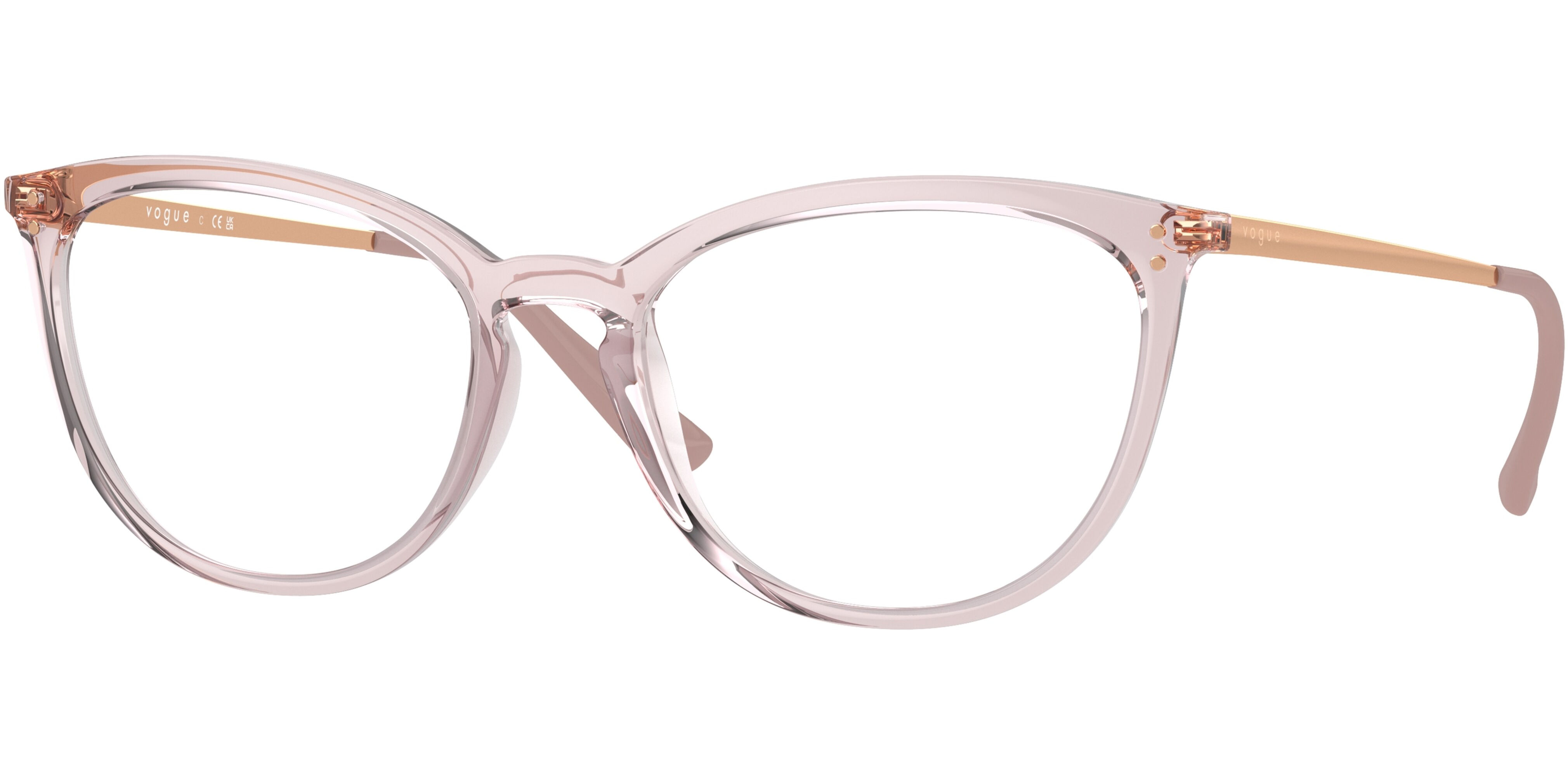 Dioptrické brýle Vogue model 5276, barva obruby růžová čirá lesk, stranice bronzová lesk, kód barevné varianty 2942. 