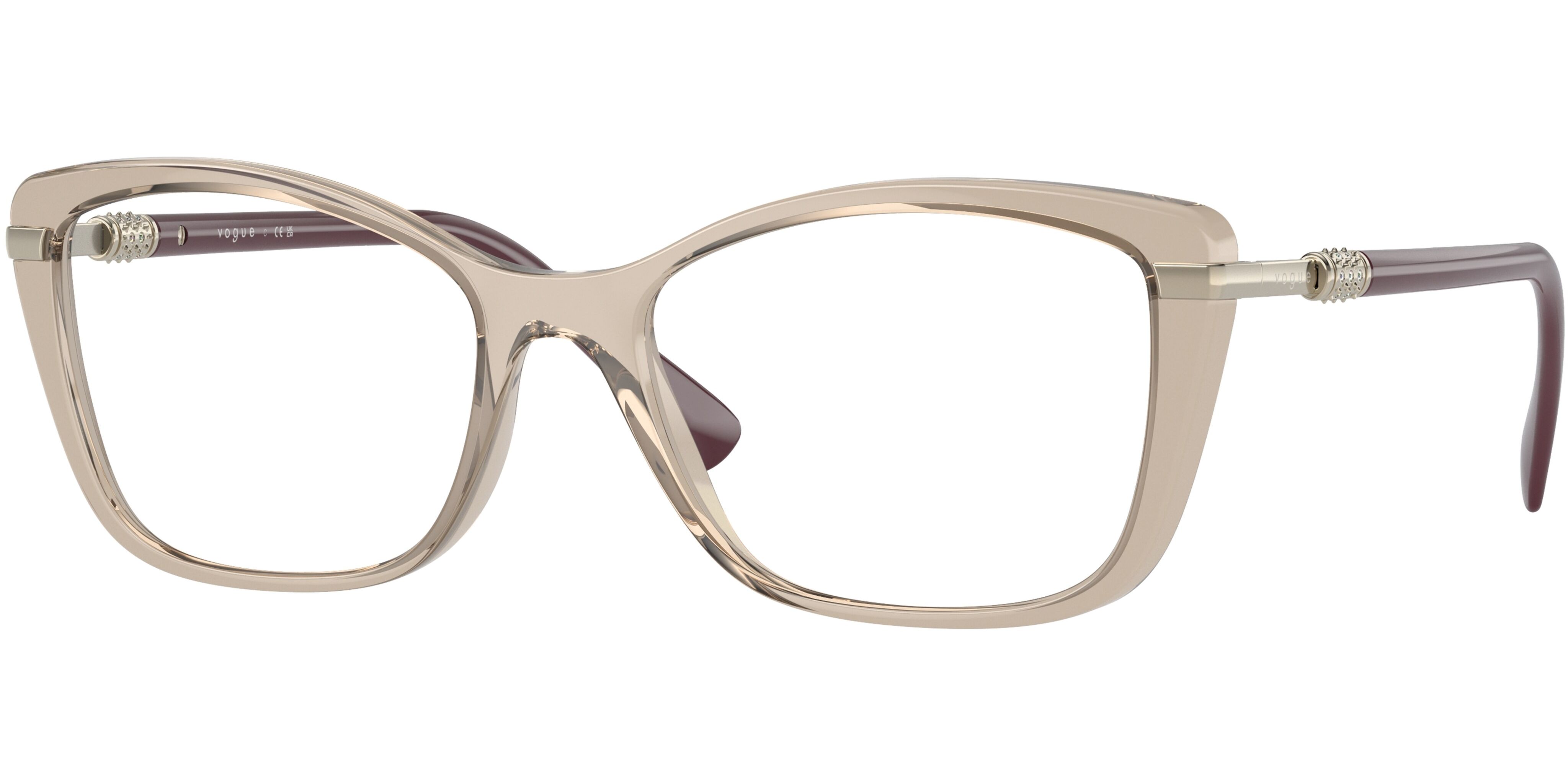 Dioptrické brýle Vogue model 5487B, barva obruby béžová čirá lesk, stranice fialová lesk, kód barevné varianty 2990. 