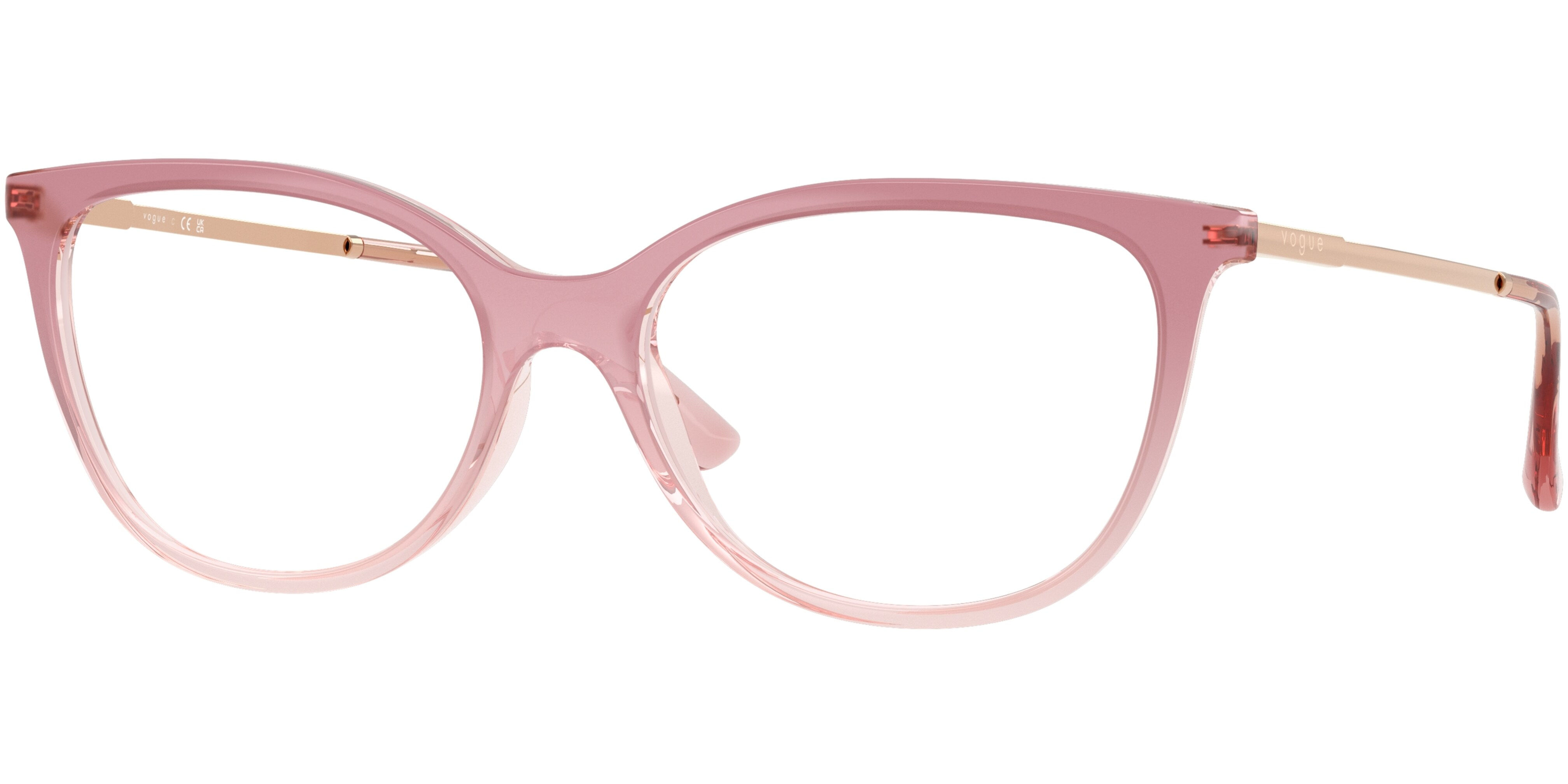 Dioptrické brýle Vogue model 5673, barva obruby růžová čirá lesk, stranice bronzová lesk, kód barevné varianty 3258. 