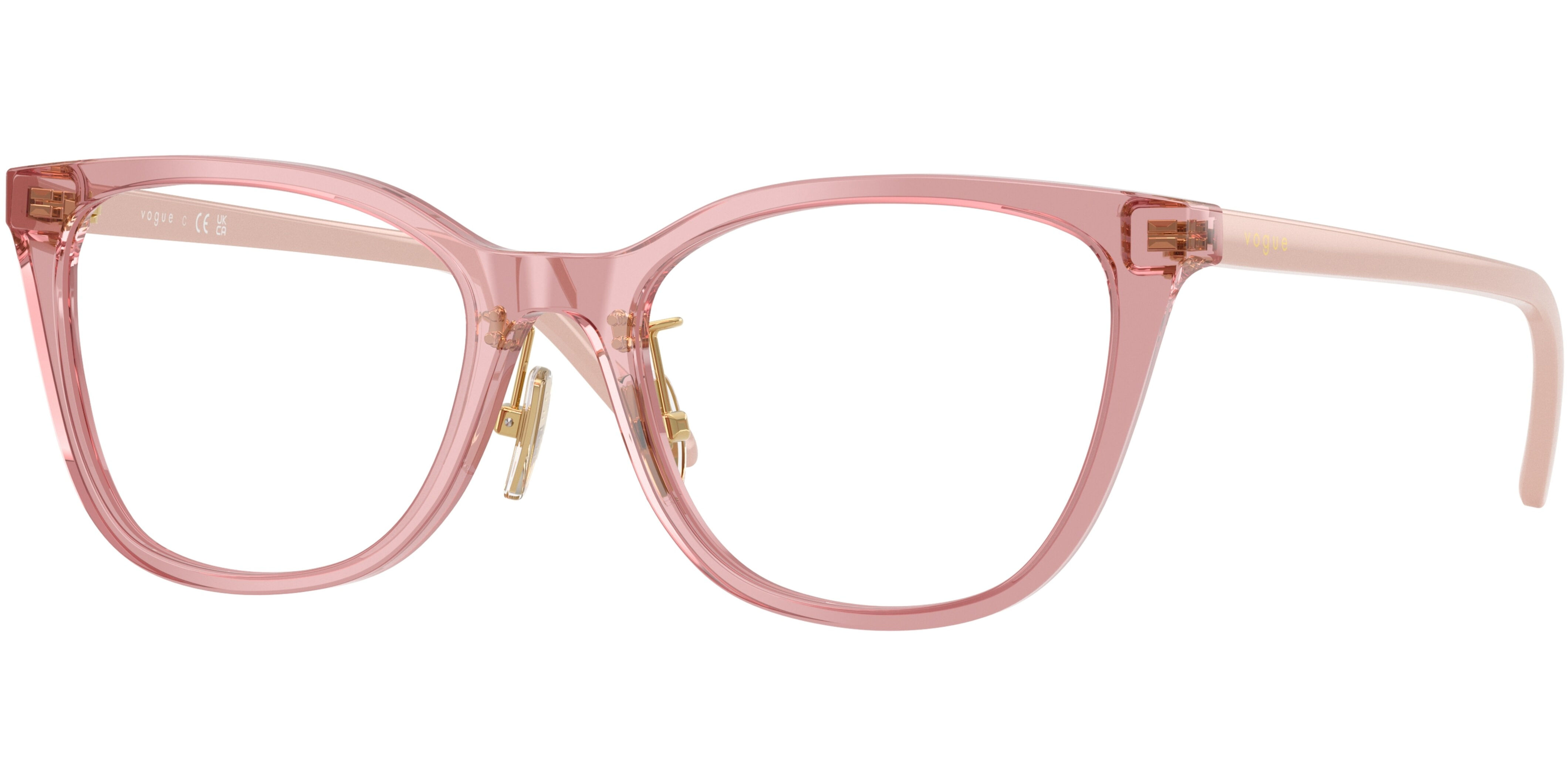 Dioptrické brýle Vogue model 5685D, barva obruby růžová čirá lesk, stranice růžová lesk, kód barevné varianty 2921. 