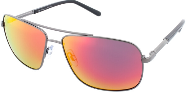 Sluneční brýle HIS model 64102, barva obruby stříbrná lesk černá, čočka červená zrcadlo polarizovaná, kód barevné varianty 1. 