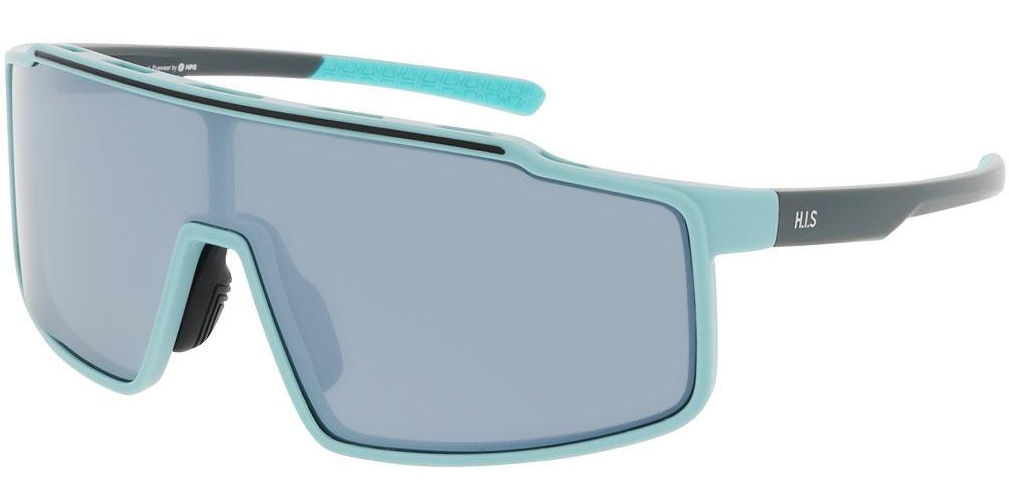 Sluneční brýle HIS model 67107, barva obruby modrá mat šedá, čočka stříbrná zrcadlo polarizovaná, kód barevné varianty 3. 