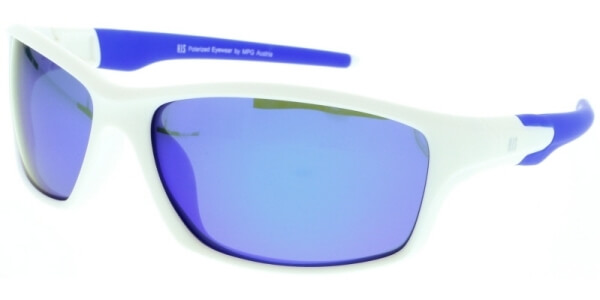 Sluneční brýle HIS model 97101, barva obruby bílá mat modrá, čočka modrá zrcadlo polarizovaná, kód barevné varianty 1. 
