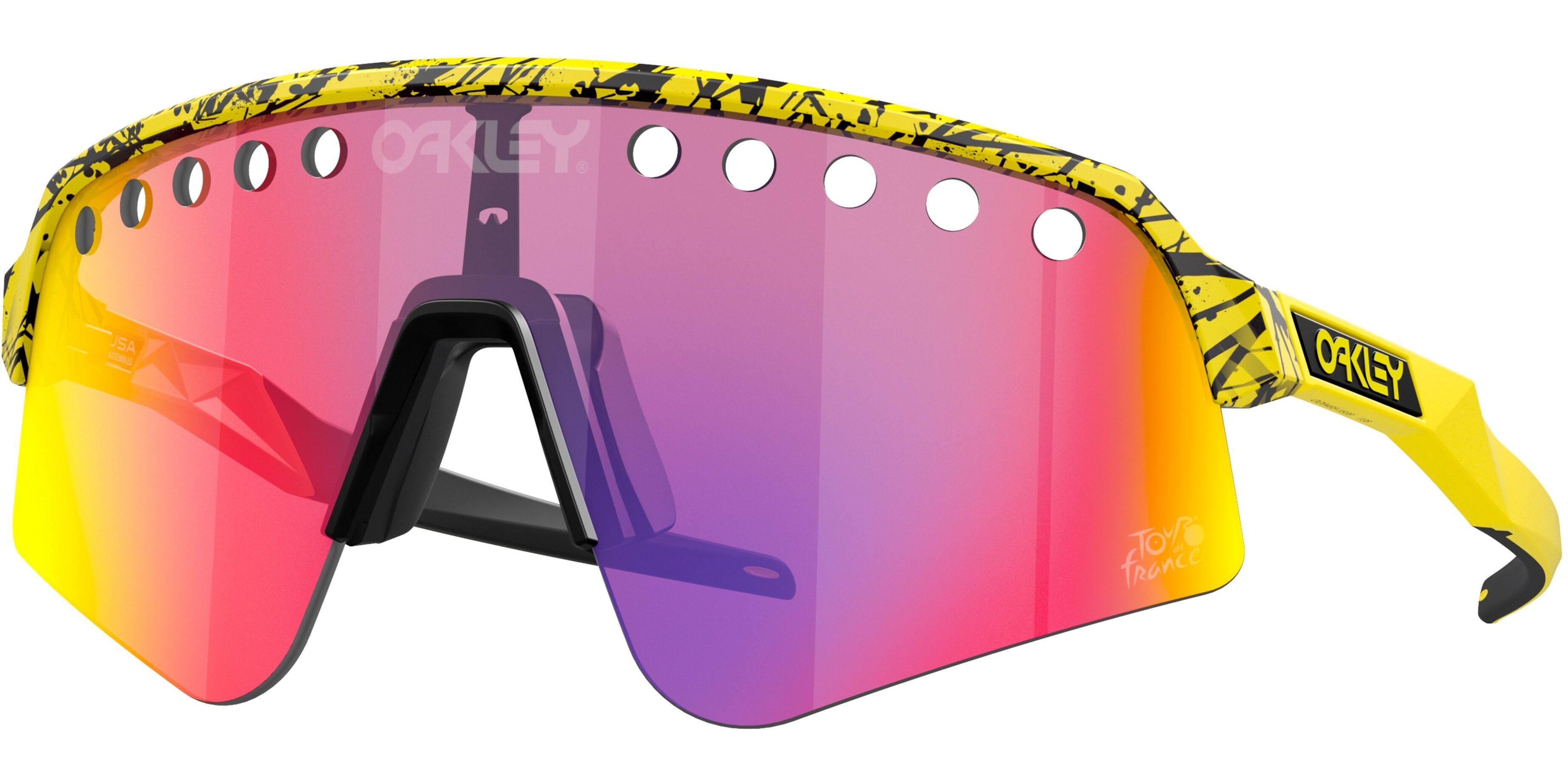 Sluneční brýle Oakley model 9465, barva obruby žlutá mat, čočka fialová zrcadlo polarizovaná, kód barevné varianty 946518. 