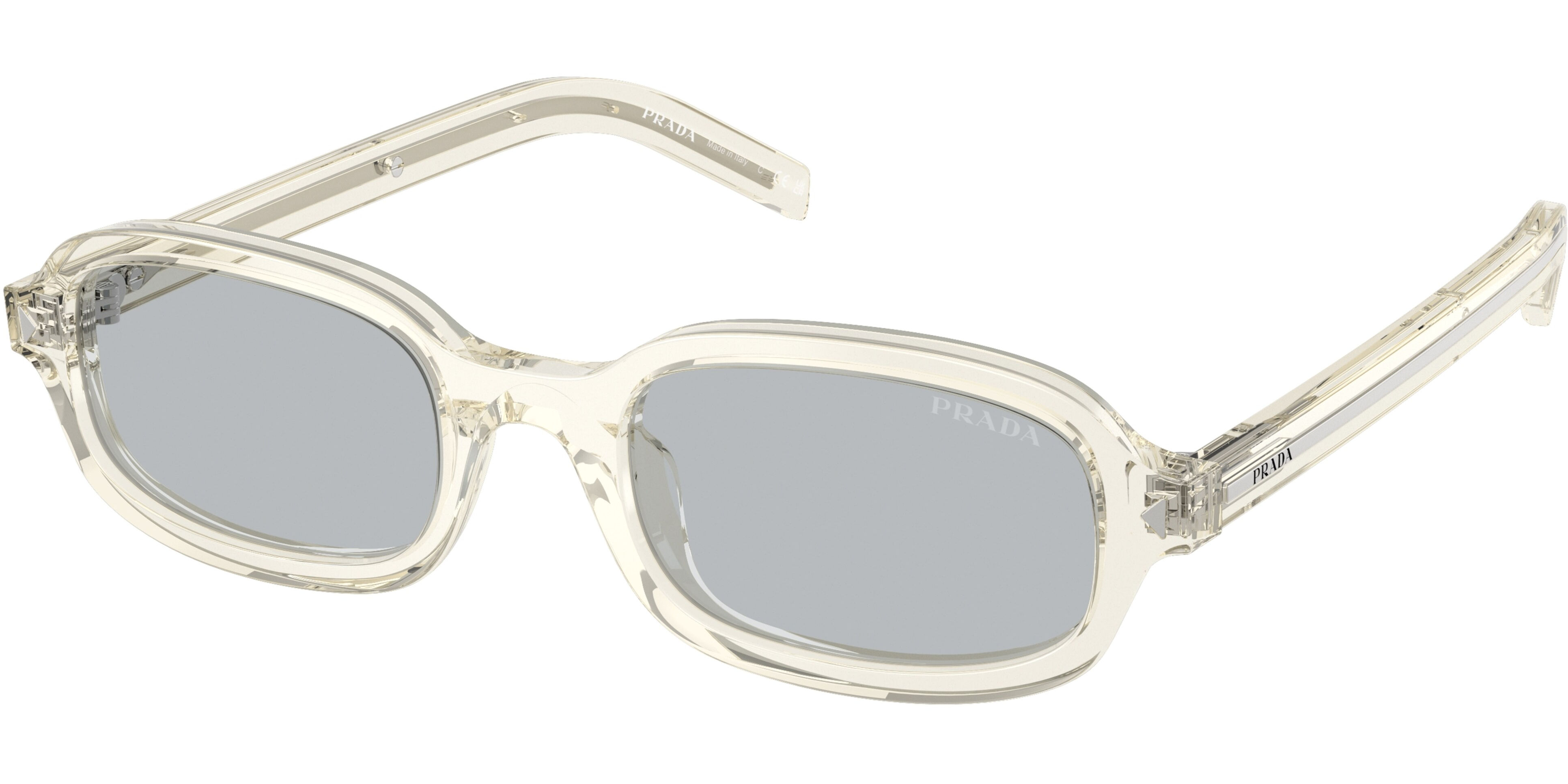 Sluneční brýle Prada model D06S, barva obruby čirá lesk, čočka šedá, kód barevné varianty 12X40W. 