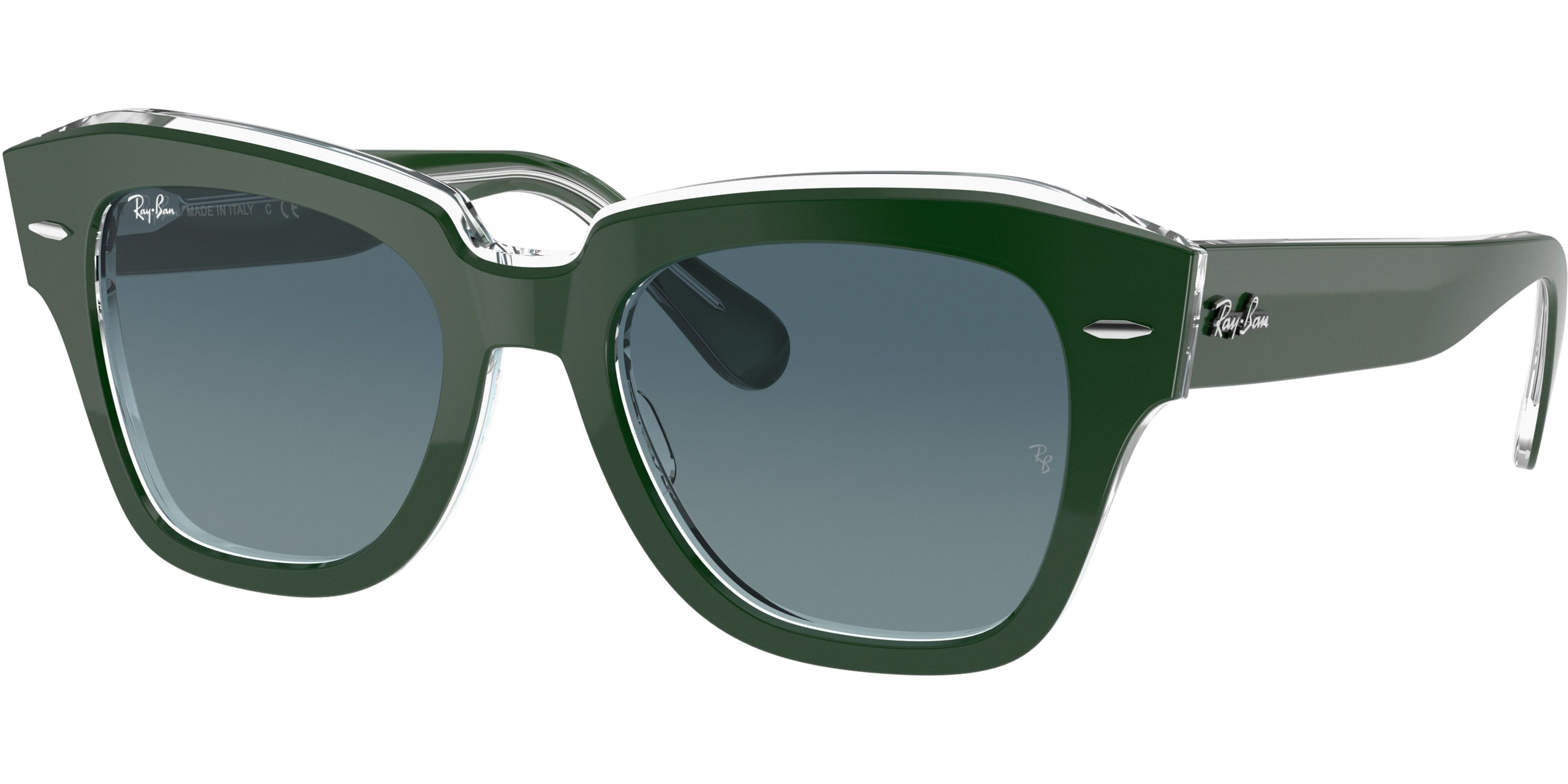 Sluneční brýle Ray-Ban® model 2186, barva obruby zelená lesk čirá, čočka šedá gradál, kód barevné varianty 12953M. 