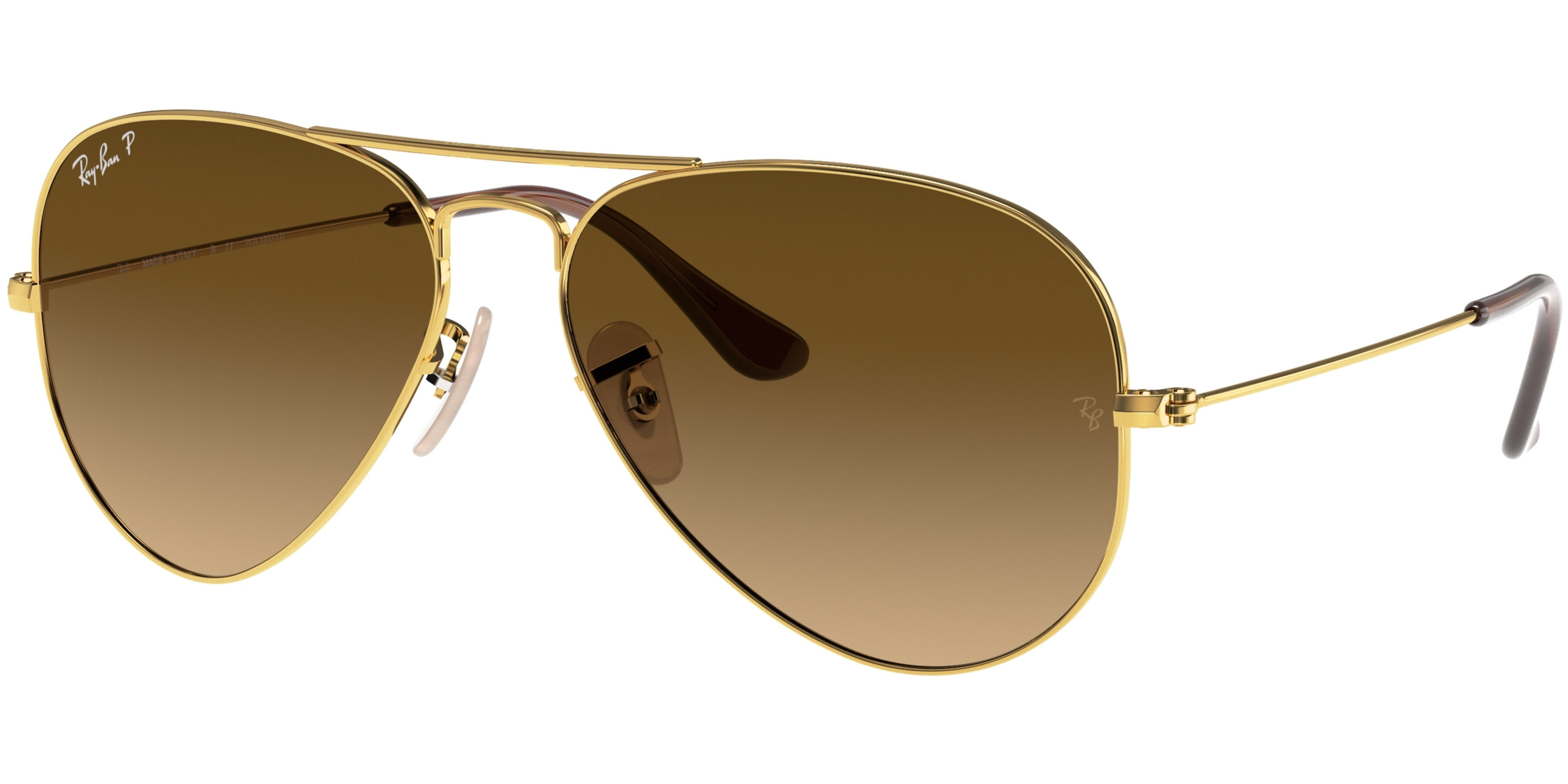 Sluneční brýle Ray-Ban® model 3025, barva obruby zlatá lesk, čočka hnědá gradál polarizovaná, kód barevné varianty 001M2. 