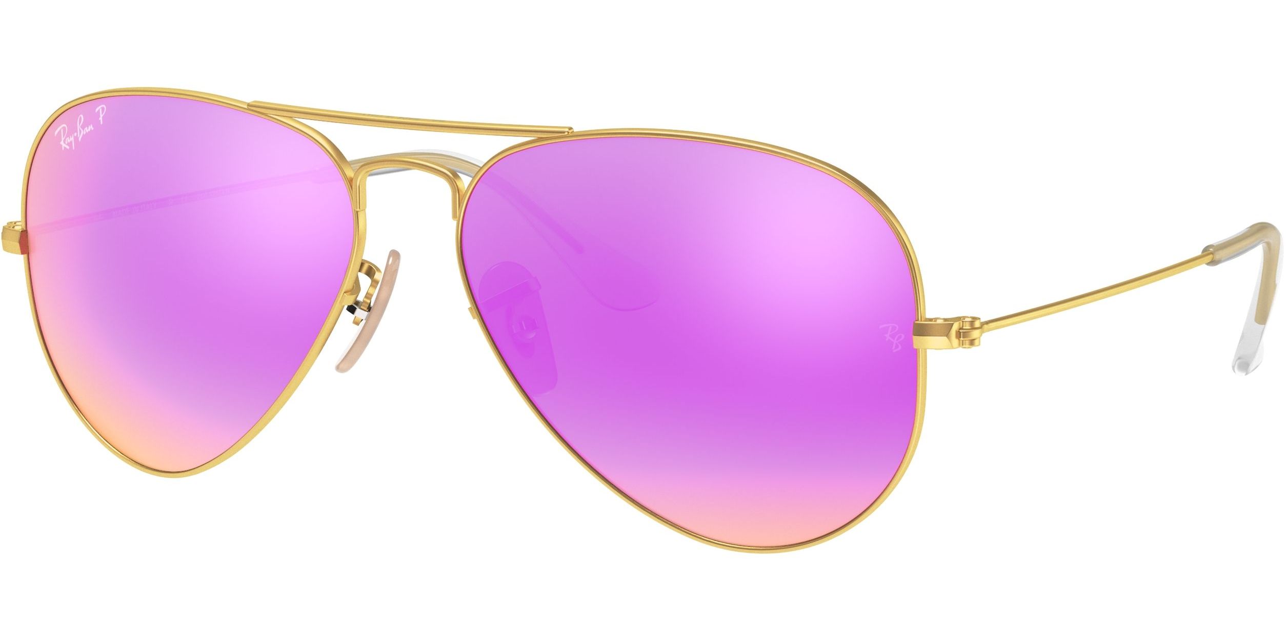 Sluneční brýle Ray-Ban® model 3025, barva obruby zlatá mat, čočka růžová zrcadlo polarizovaná, kód barevné varianty 1121Q. 