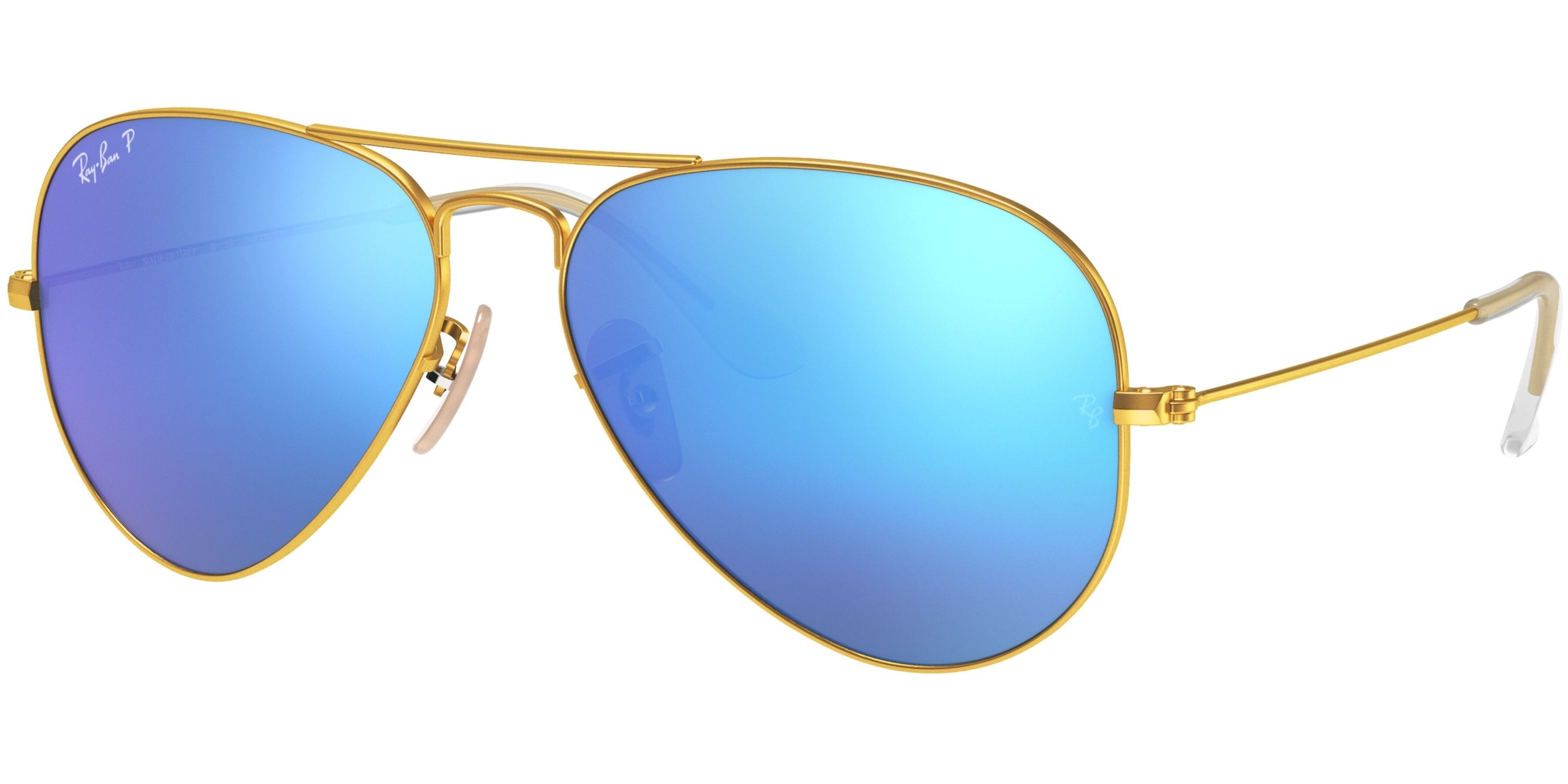 Sluneční brýle Ray-Ban® model 3025, barva obruby zlatá lesk, čočka modrá zrcadlo gradál polarizovaná, kód barevné varianty 1124L. 