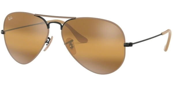 Sluneční brýle Ray-Ban® model 3025, barva obruby béžová mat černá, čočka žlutá zrcadlo, kód barevné varianty 9153AG. 