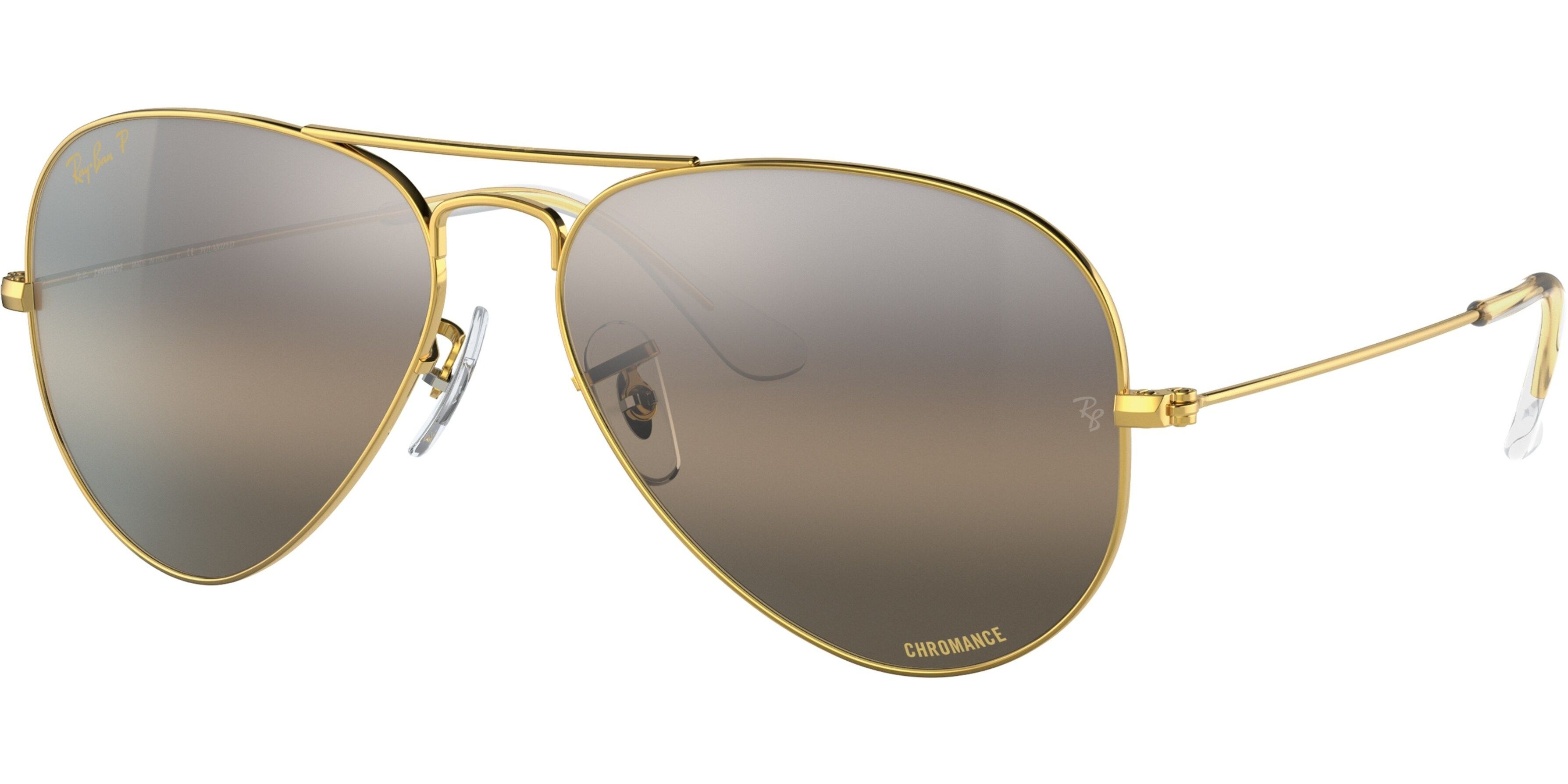 Sluneční brýle Ray-Ban® model 3025, barva obruby zlatá lesk, čočka stříbrná zrcadlo gradál polarizovaná, kód barevné varianty 9196G3. 