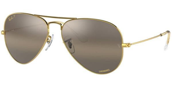 Sluneční brýle Ray-Ban® model 3025, barva obruby zlatá lesk, čočka stříbrná zrcadlo gradál polarizovaná, kód barevné varianty 9196G5. 