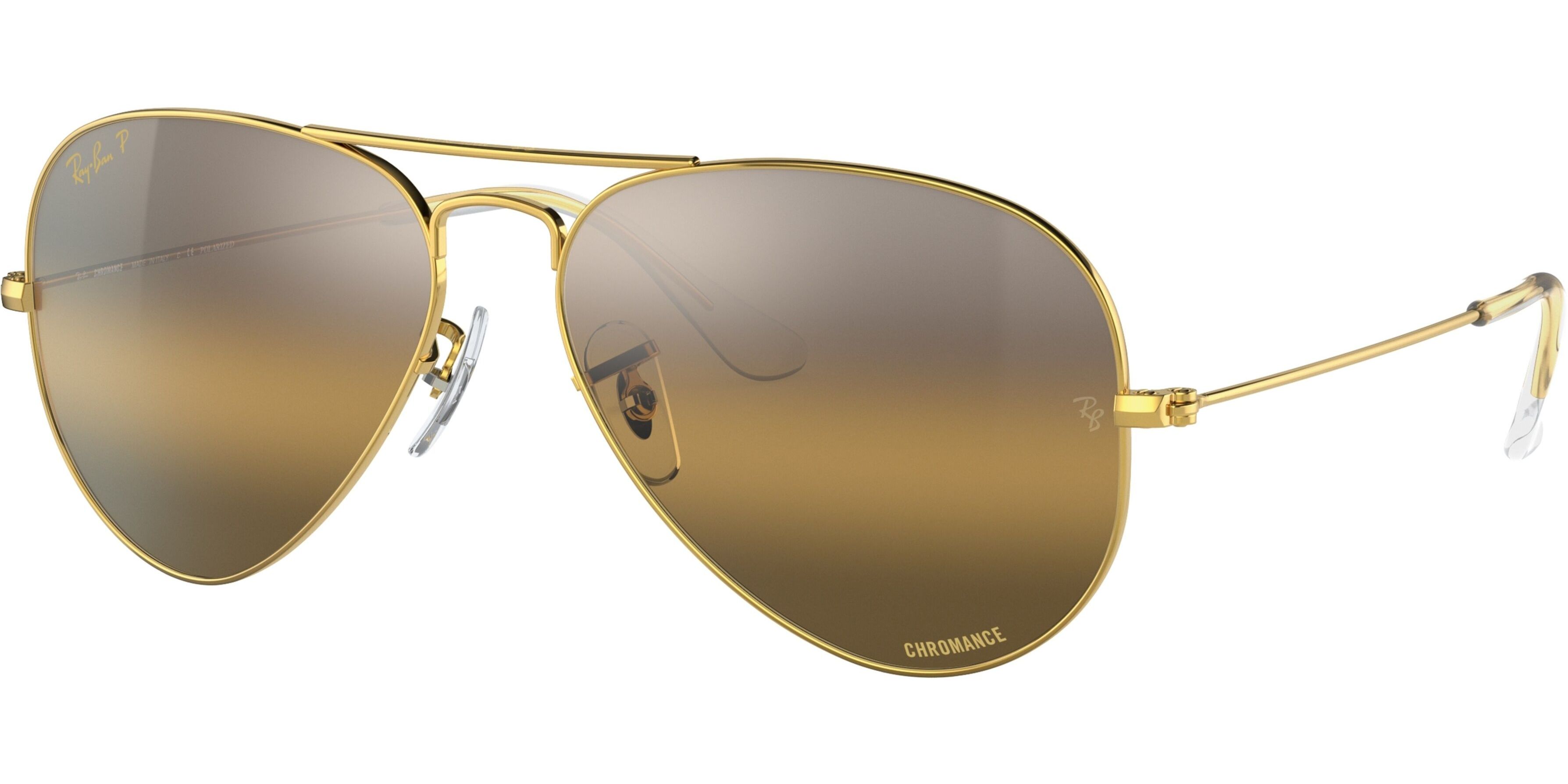 Sluneční brýle Ray-Ban® model 3025, barva obruby zlatá lesk, čočka stříbrná zrcadlo gradál polarizovaná, kód barevné varianty 9196G5. 