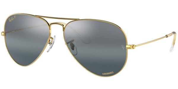 Sluneční brýle Ray-Ban® model 3025, barva obruby zlatá lesk, čočka stříbrná zrcadlo gradál polarizovaná, kód barevné varianty 9196G6. 