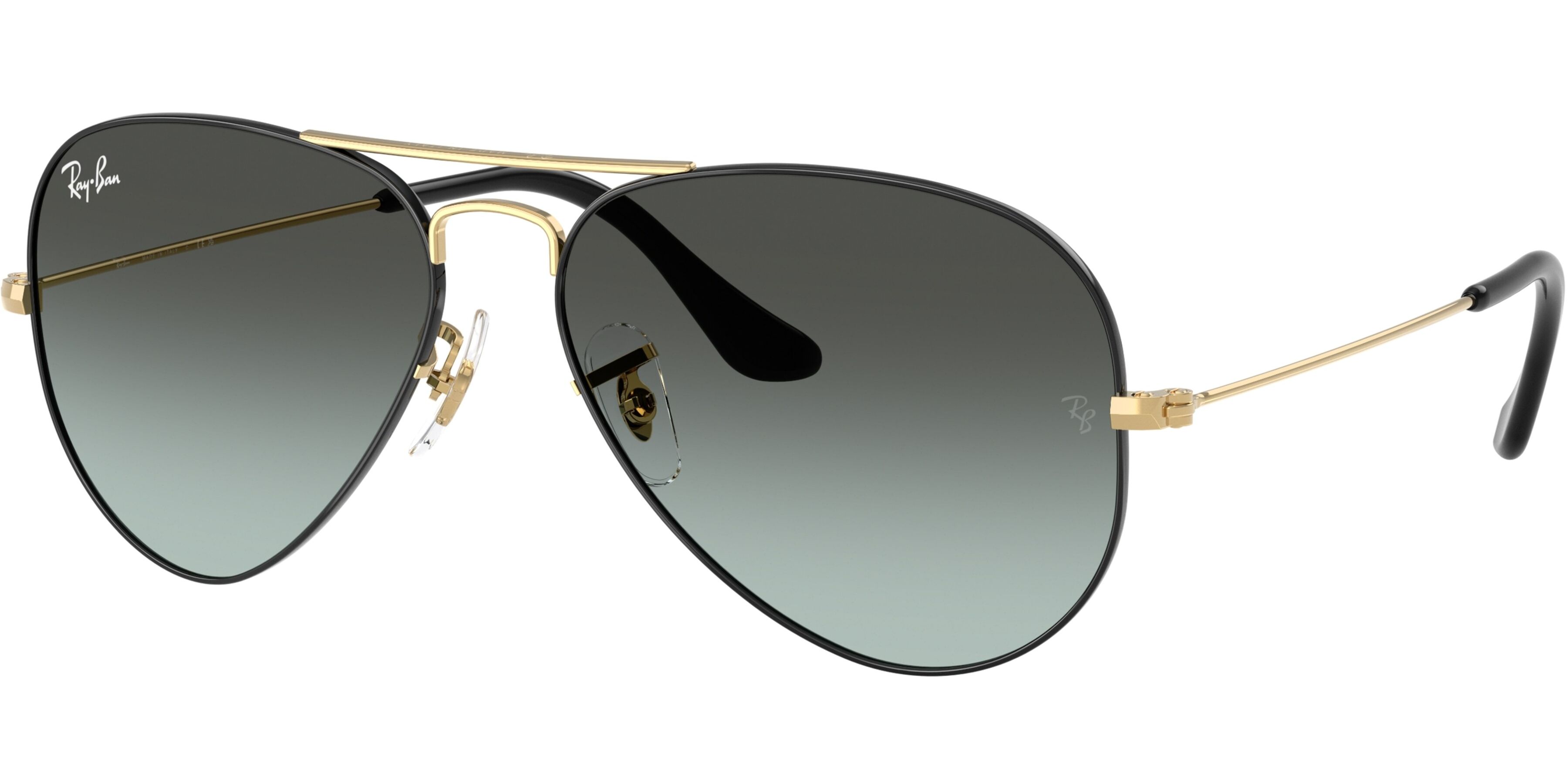 Sluneční brýle Ray-Ban® model 3025, barva obruby černá lesk zlatá, čočka modrá gradál, kód barevné varianty 9271GK. 