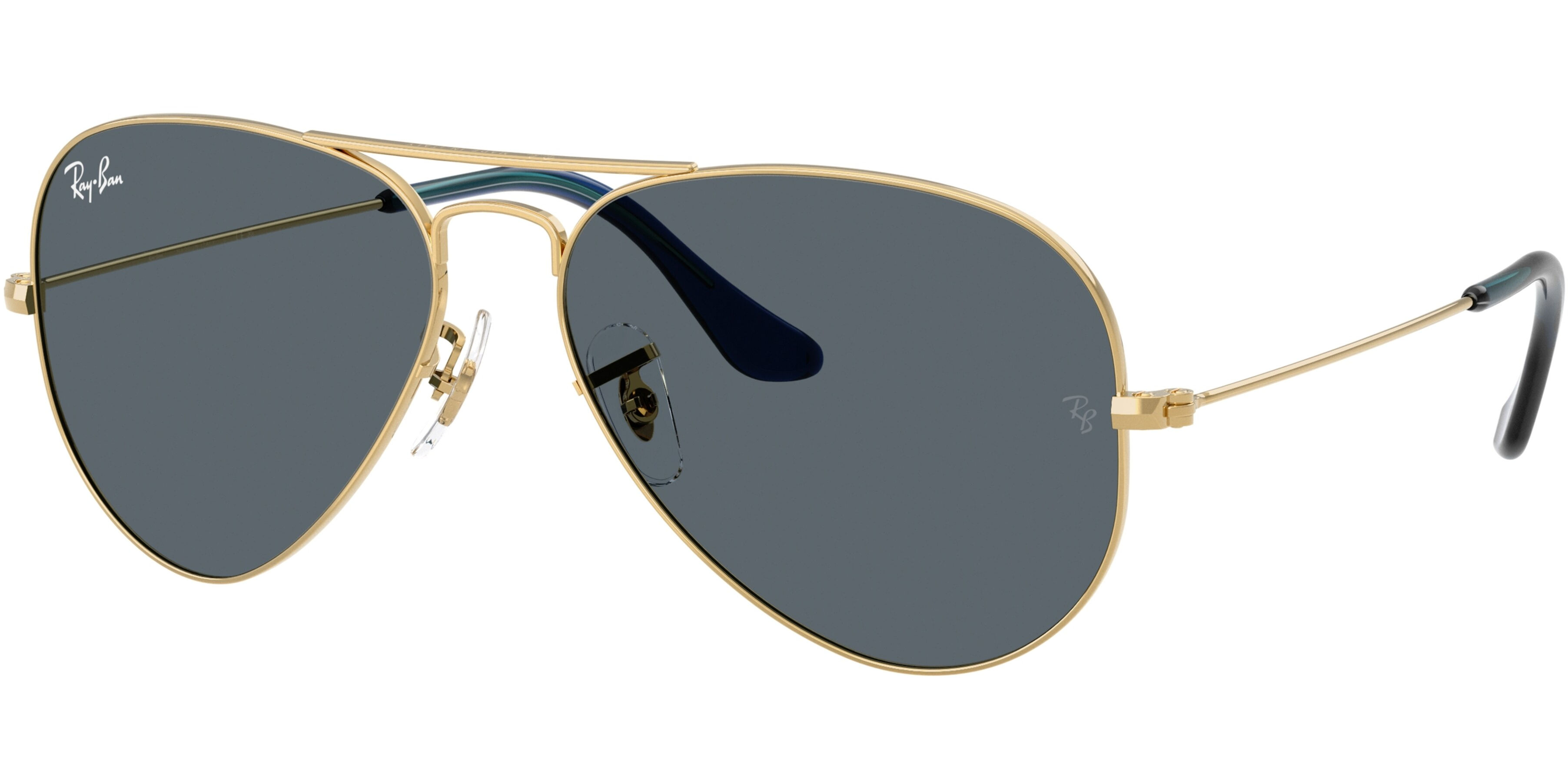 Sluneční brýle Ray-Ban® model 3025, barva obruby zlatá lesk, čočka modrá polarizovaná, kód barevné varianty 9278R5. 