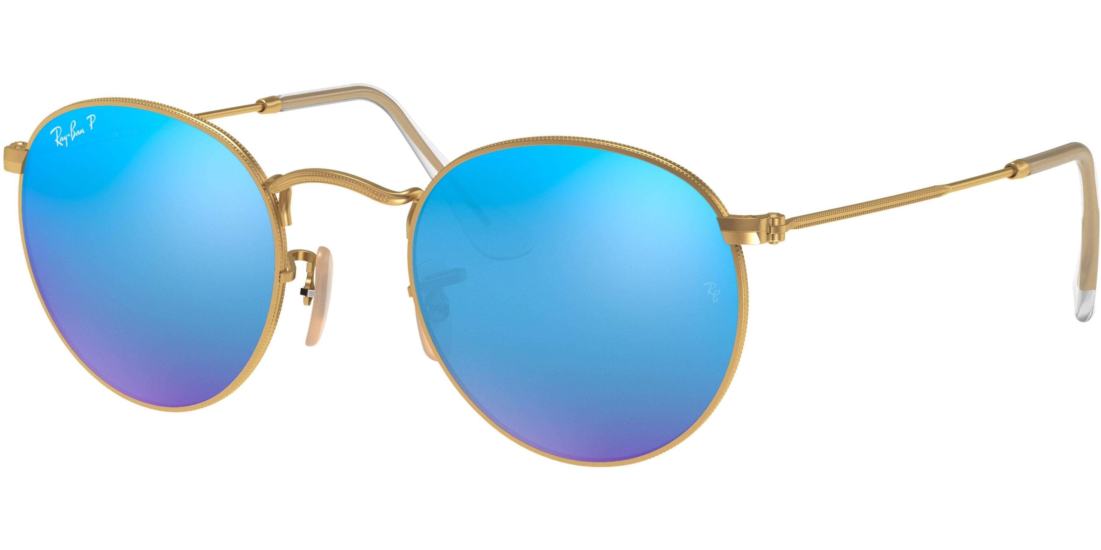 Sluneční brýle Ray-Ban® model 3447, barva obruby zlatá mat modrá, čočka modrá zrcadlo polarizovaná, kód barevné varianty 1124L. 