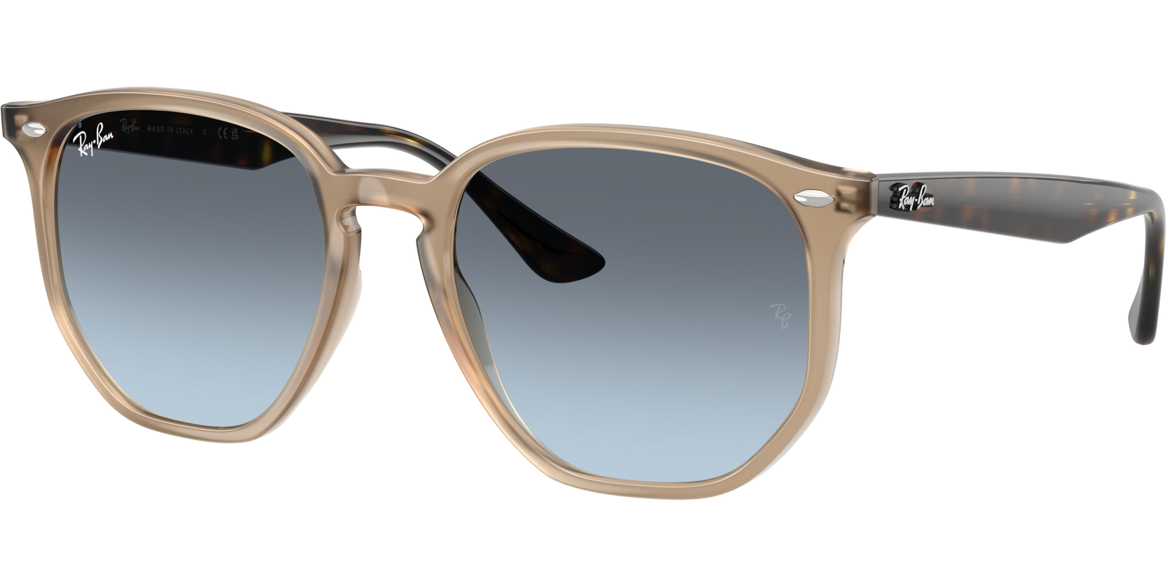 Sluneční brýle Ray-Ban® model 4306, barva obruby béžová lesk hnědá, čočka modrá gradál, kód barevné varianty 6788V1. 